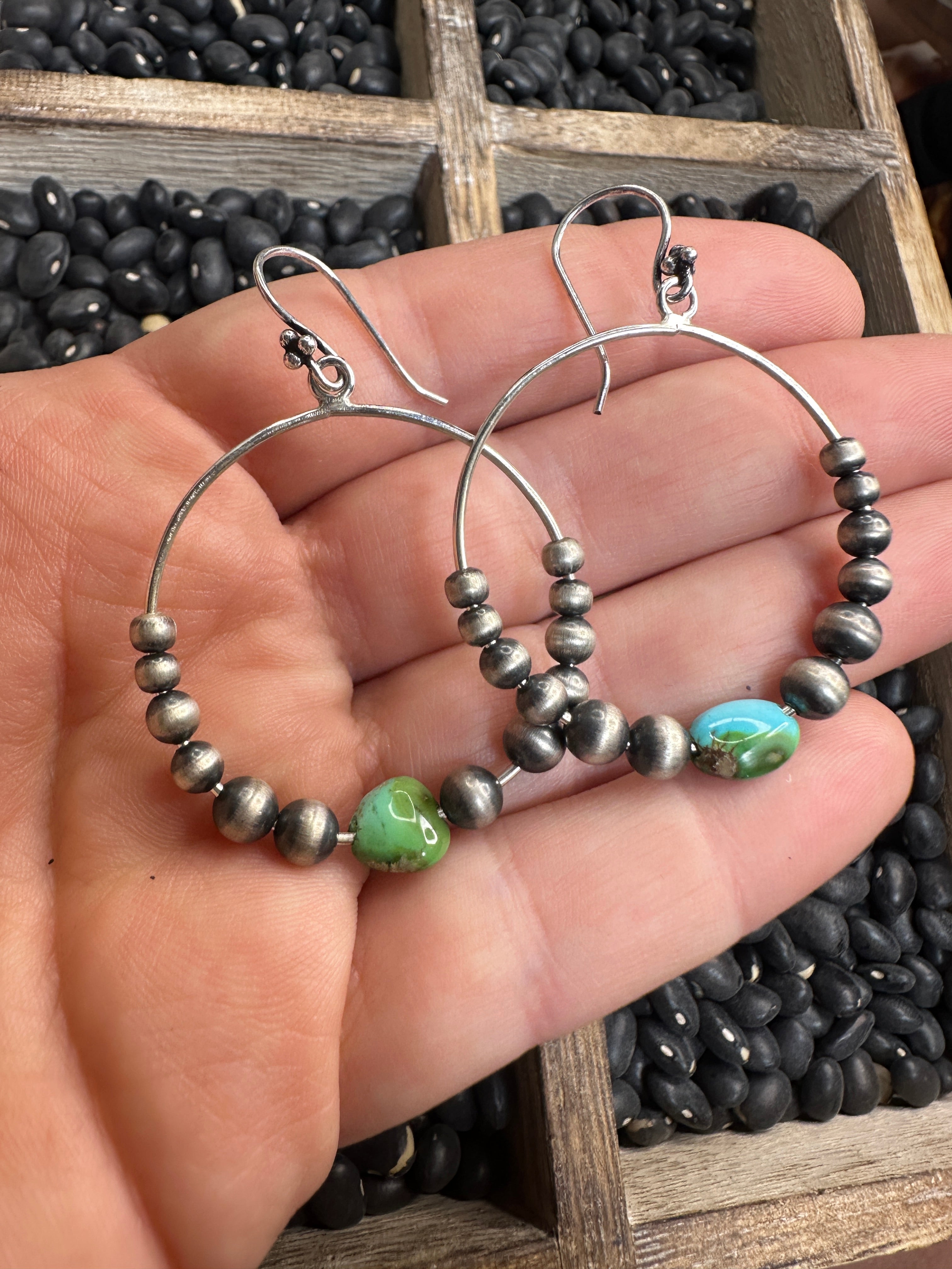 Handmade Sonoran Mountain Turquoise And Sterling Silver Beaded Hoop Earrings