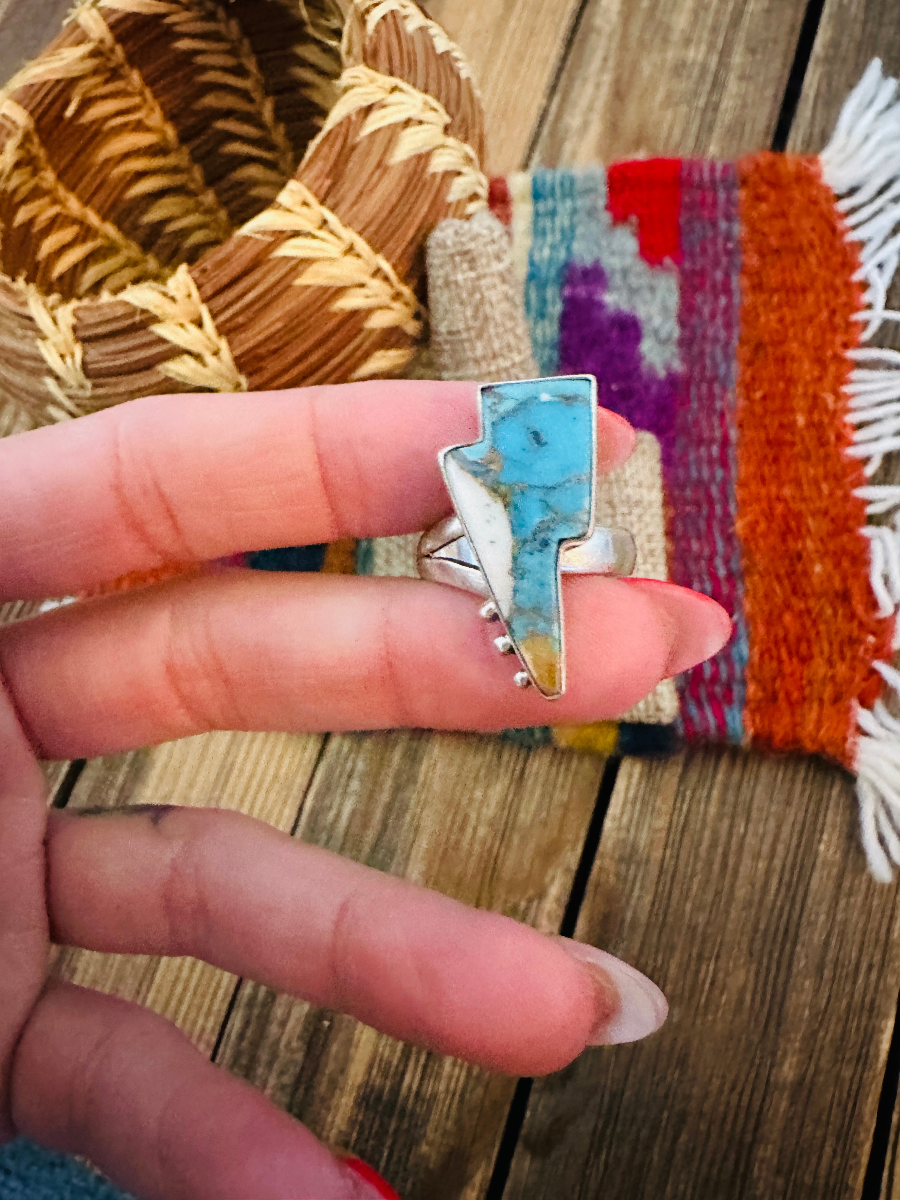 Handcrafted Turquoise & Sterling Silver Lightning Bolt Adjustable Ring