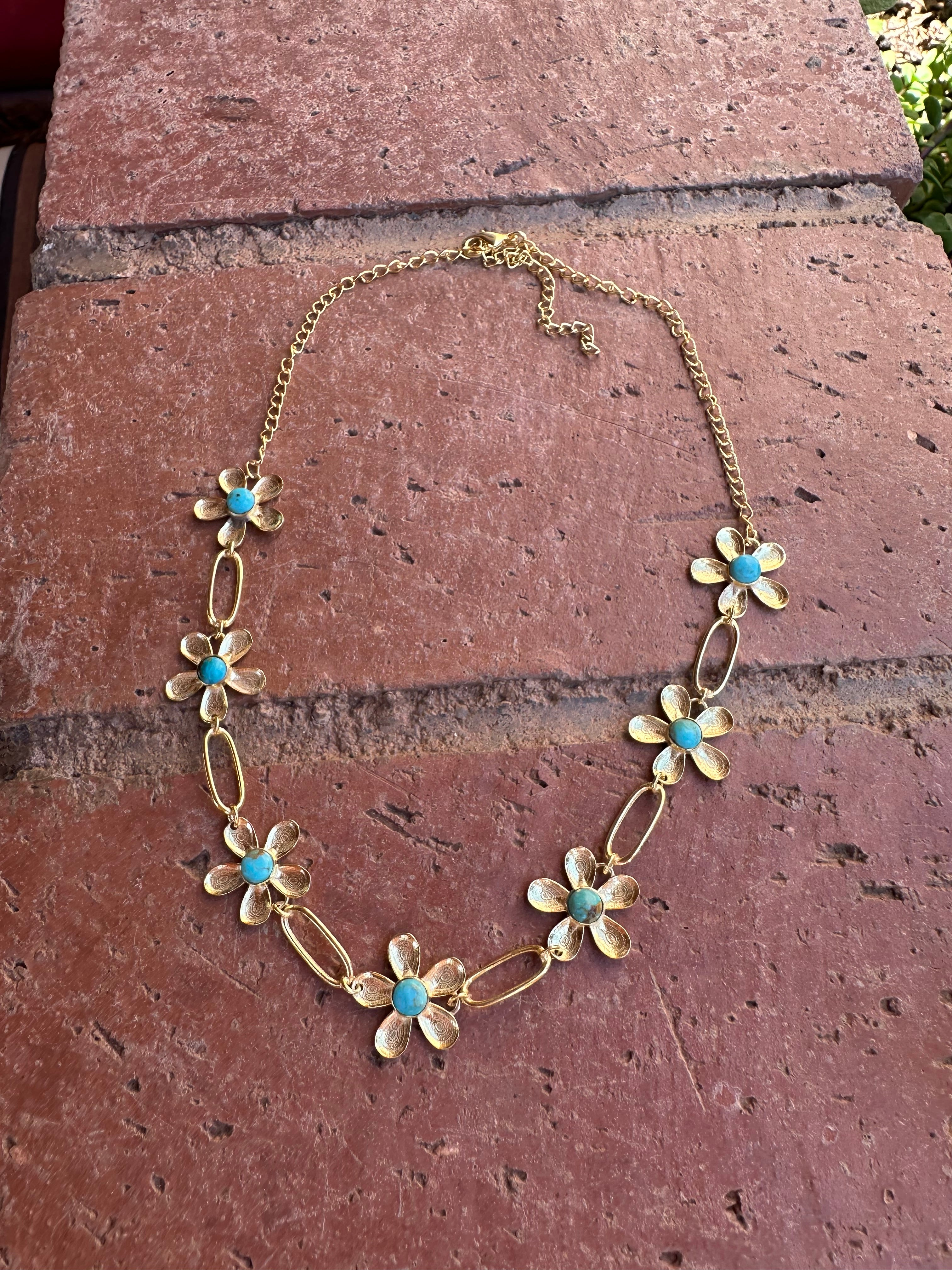 “The Golden Collection” Handmade Natural Turquoise Gold Plated Daisy Link Choker 14-18.5”