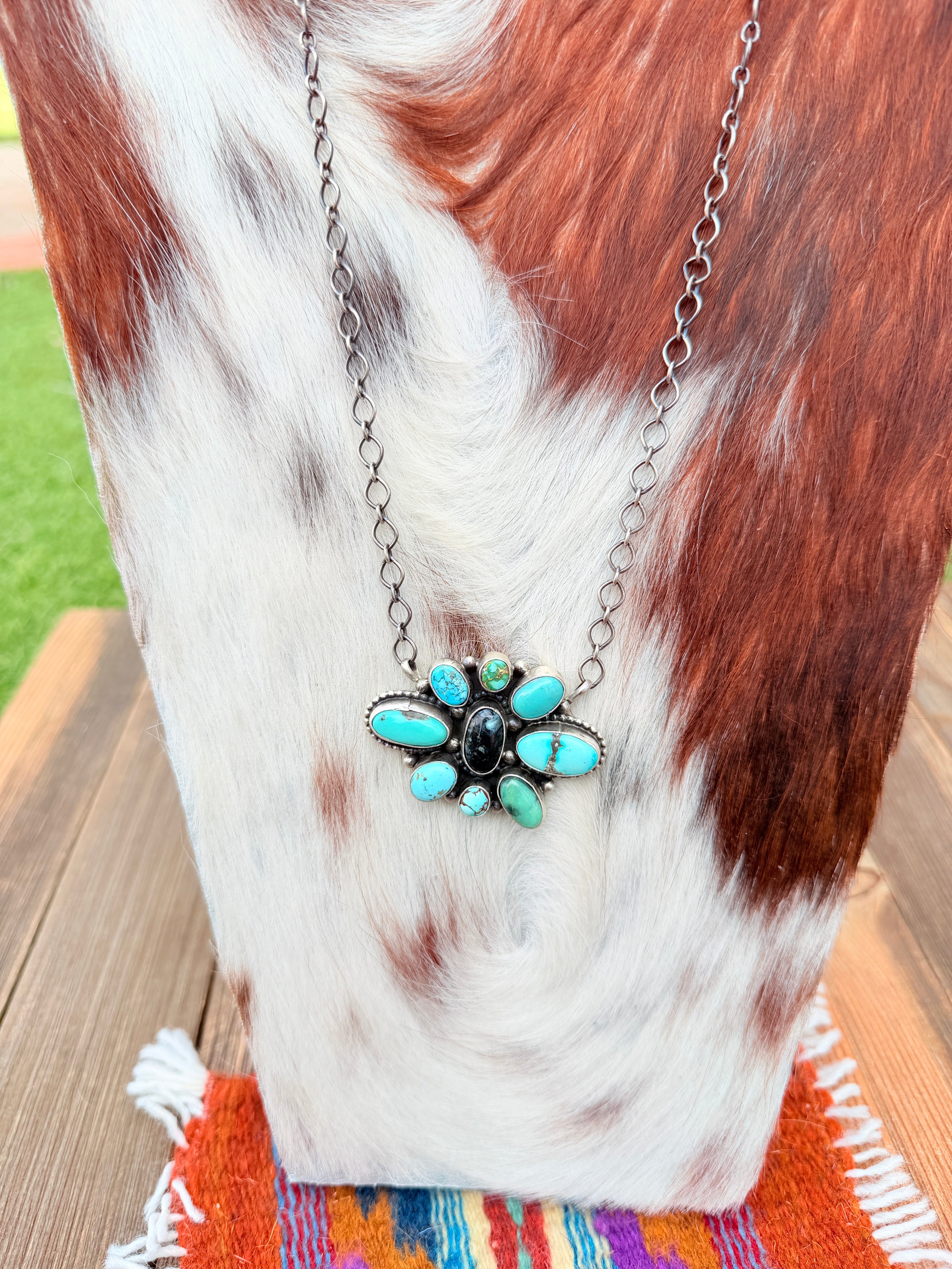 Handcrafted Turquoise & Sterling Silver Cluster Necklace by Travis Jim