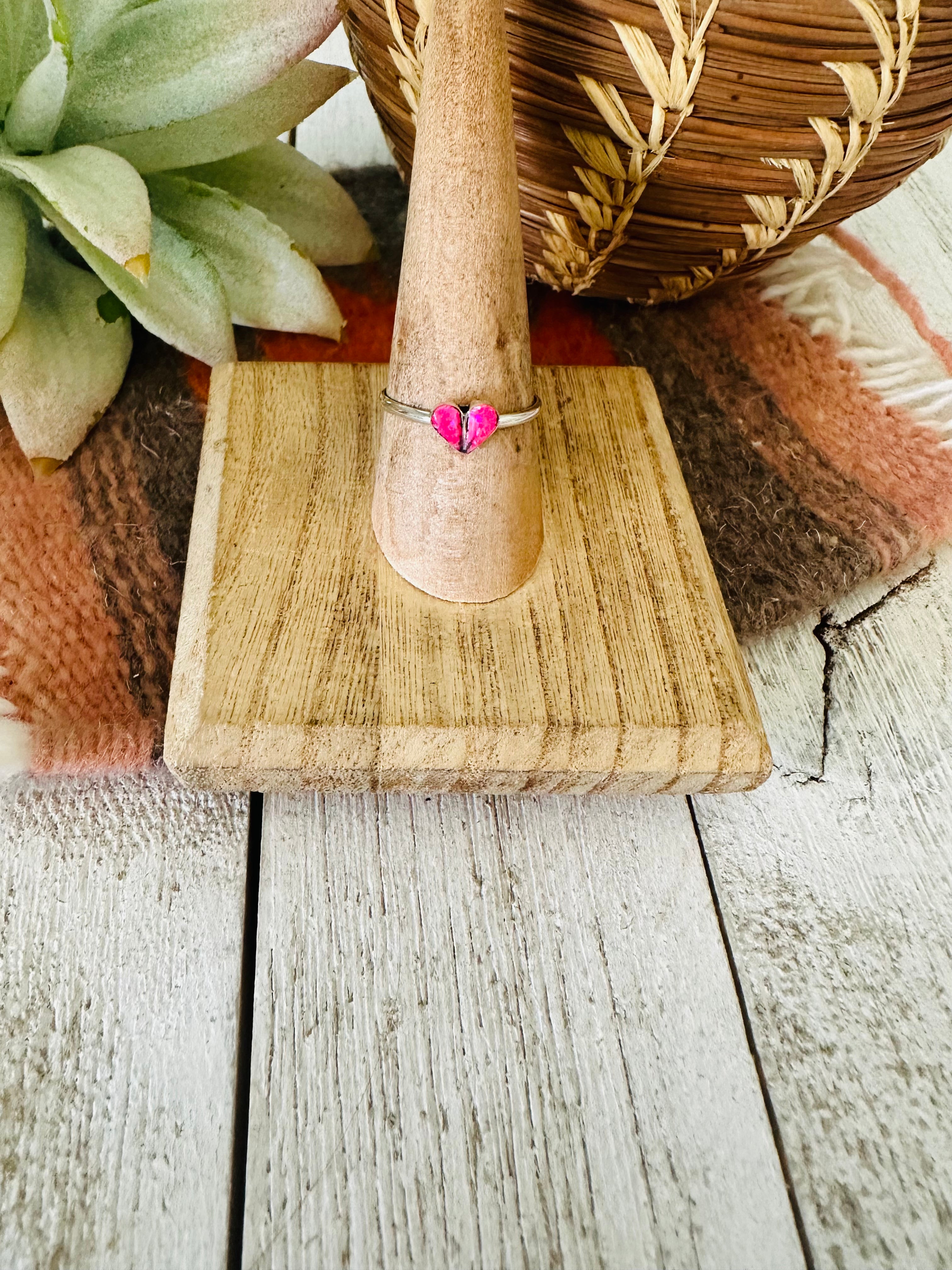 Zuni Sterling Silver & Pink Opal Inlay Heart Ring