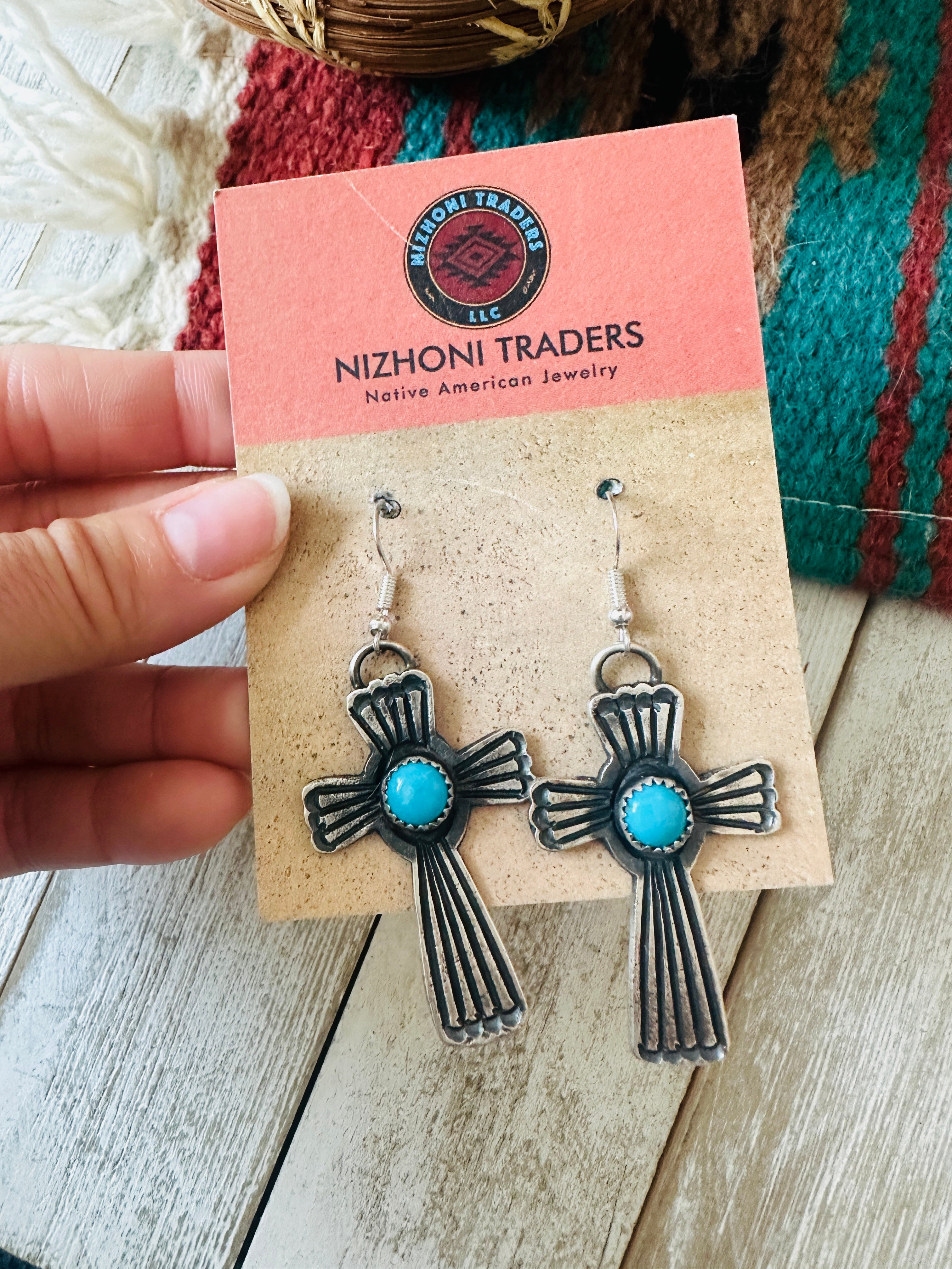 Navajo Sterling Silver & Turquoise Cross Dangle Earrings