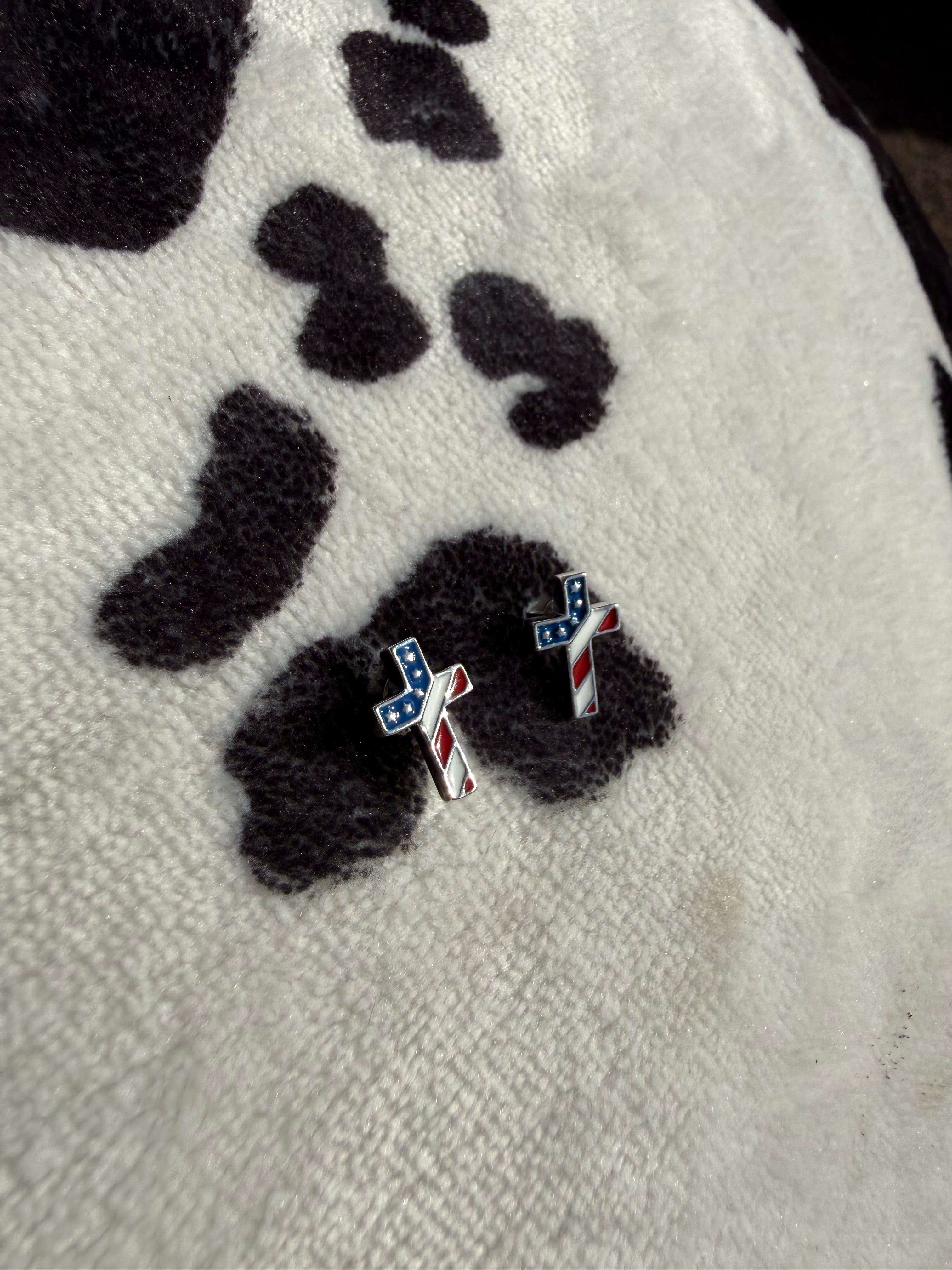 "Fourth Of July" American Flag Cross Sterling Silver Stud Earrings