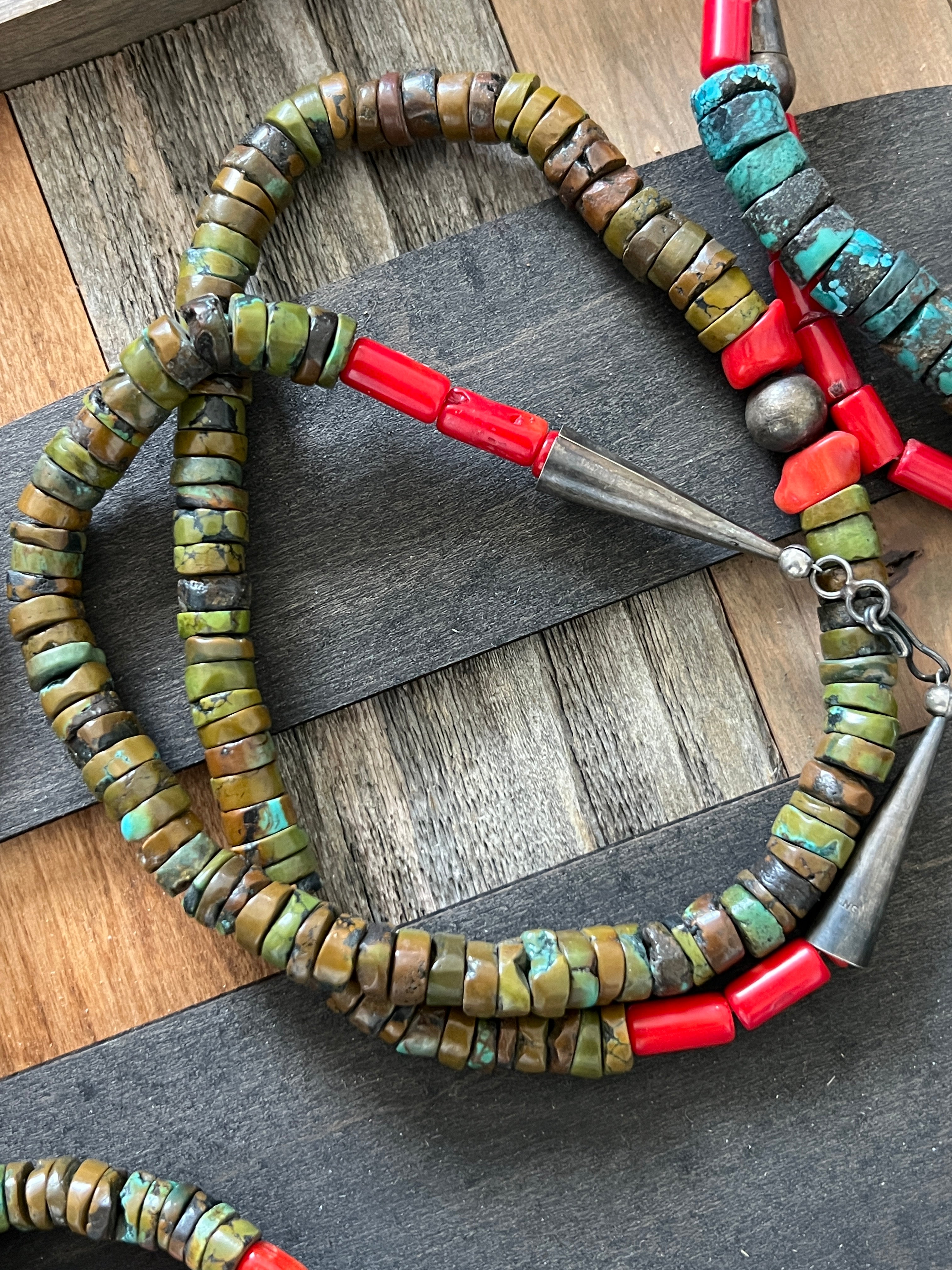 Handcrafted Hubei Turquoise Beaded Necklace with Sterling Silver and Bamboo Coral by Kirby Smith: 13 To Choose From!