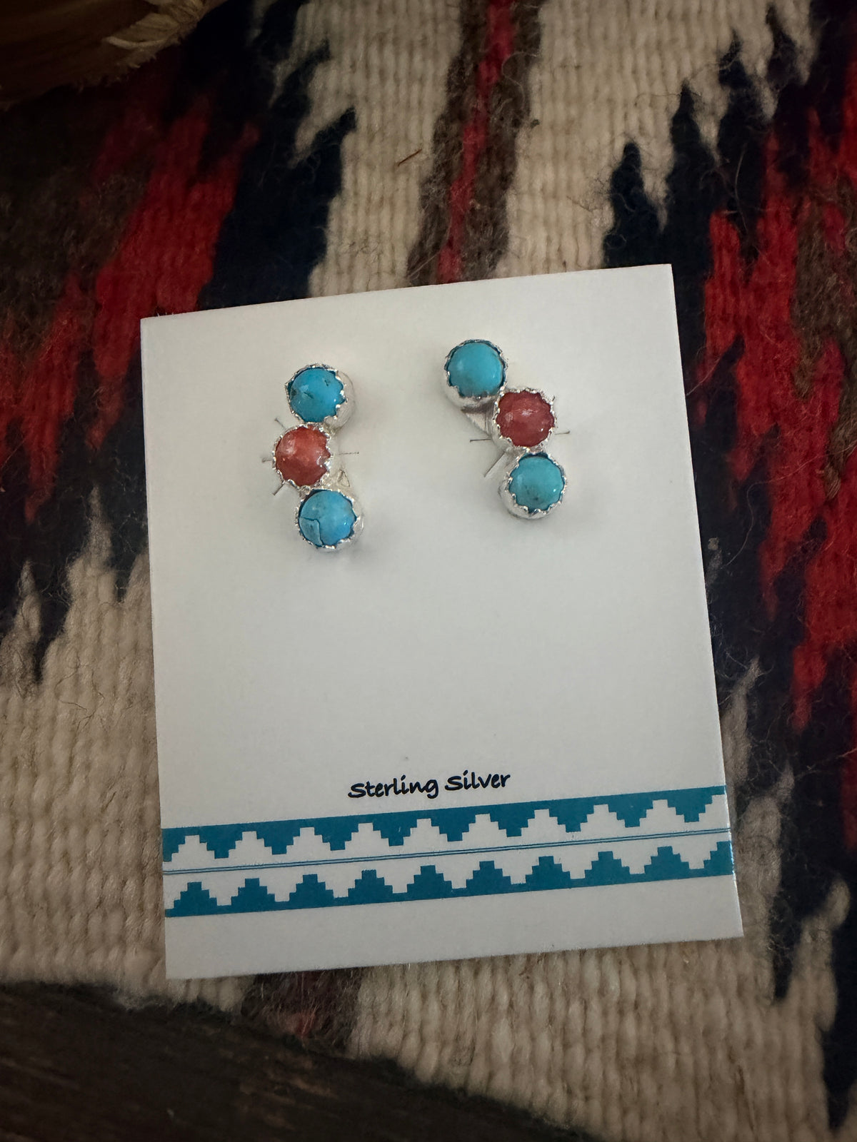 Handcrafted Turquoise, Coral & Sterling Silver Stud Earrings