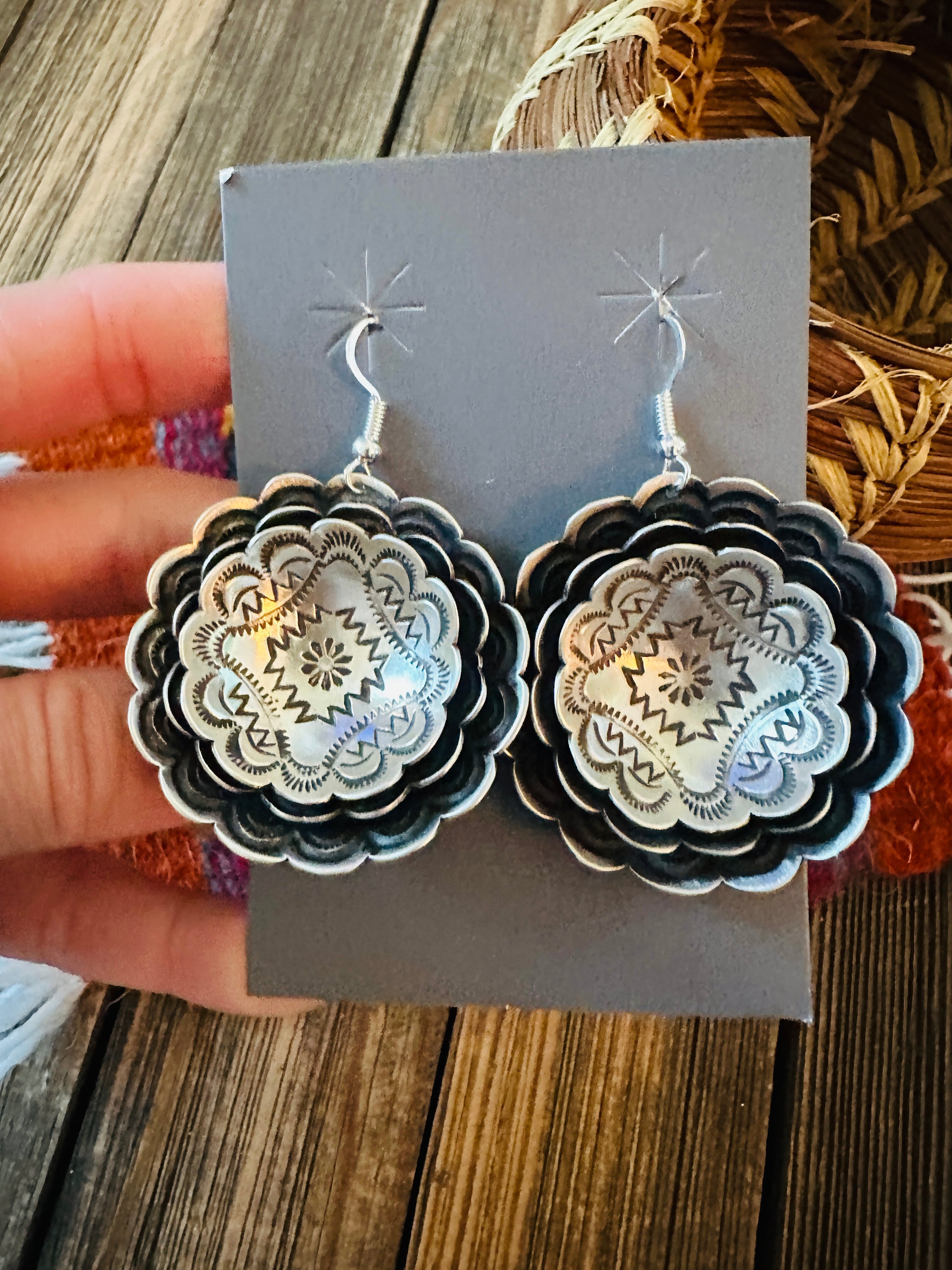 Handcrafted Sterling Silver Concho Dangle Earrings by Leander Tahe