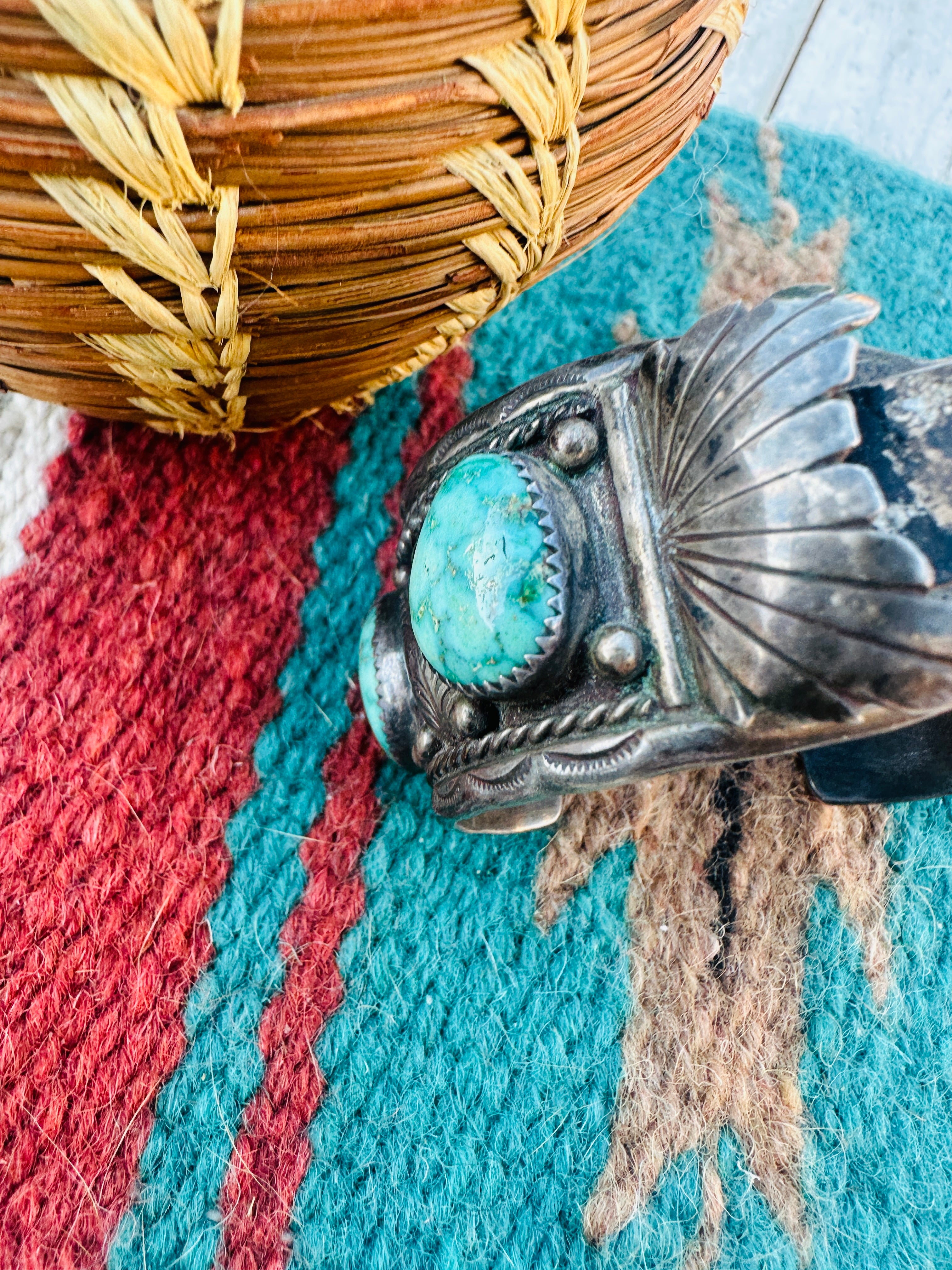 Handcrafted Old Pawn Sterling Silver & Turquoise Watch Cuff Bracelet