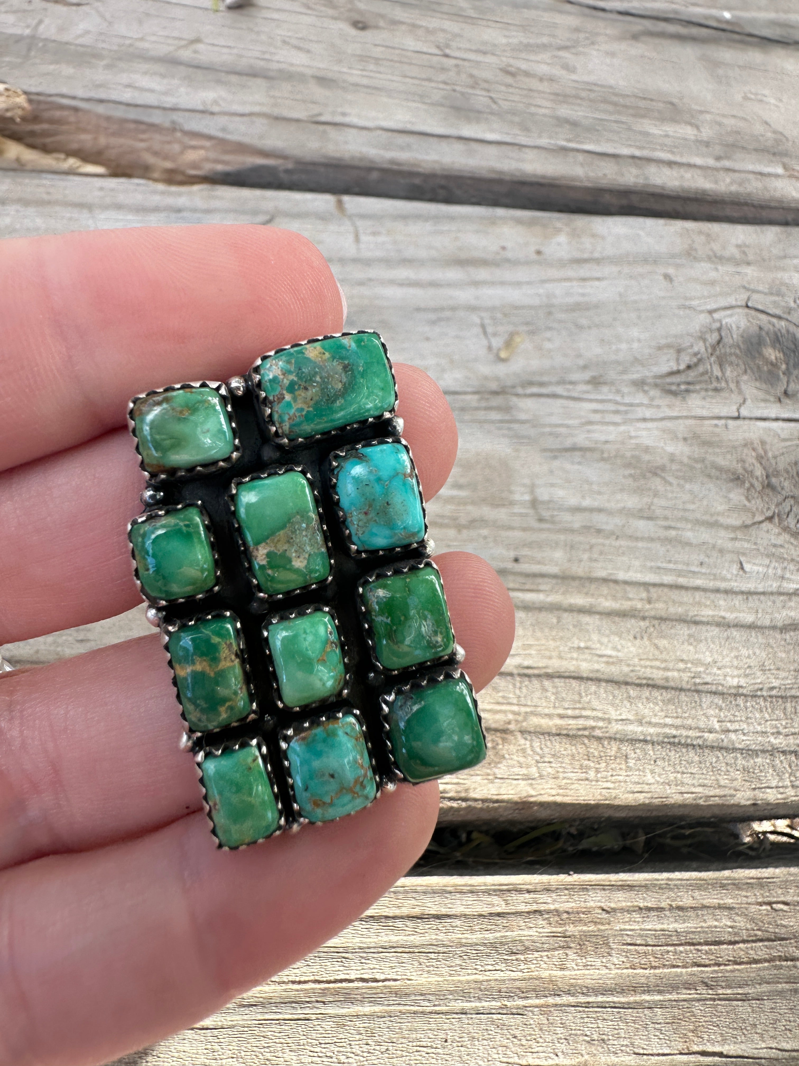 Handmade Emerald Valley Turquoise & Sterling Silver Adjustable Rectangle Cluster Ring