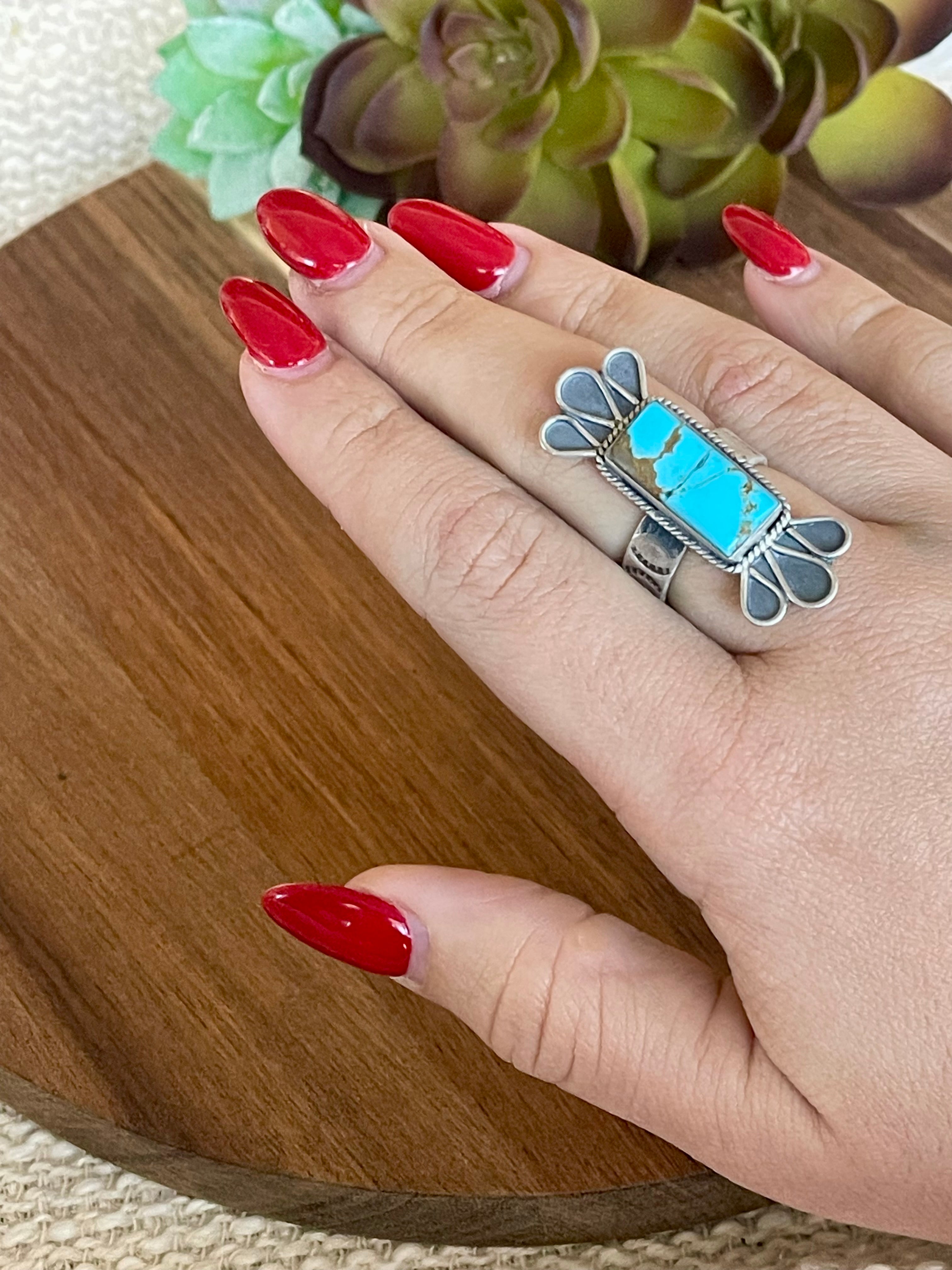 Beautiful Handmade Turquoise And Sterling Silver Adjustable  Ring