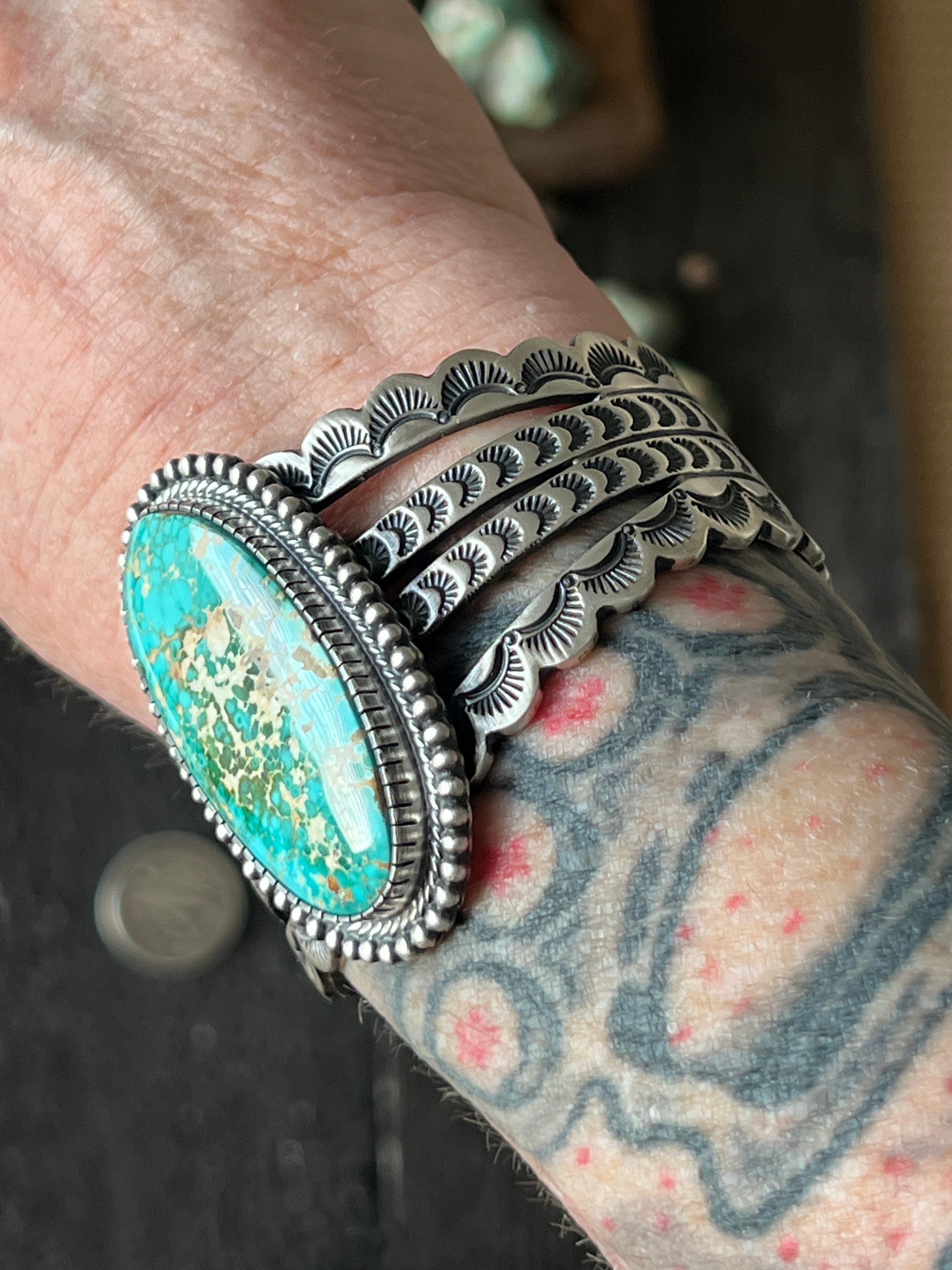 Handcrafted and Hand Stamped Sterling Silver and Royston Turquoise Cuf