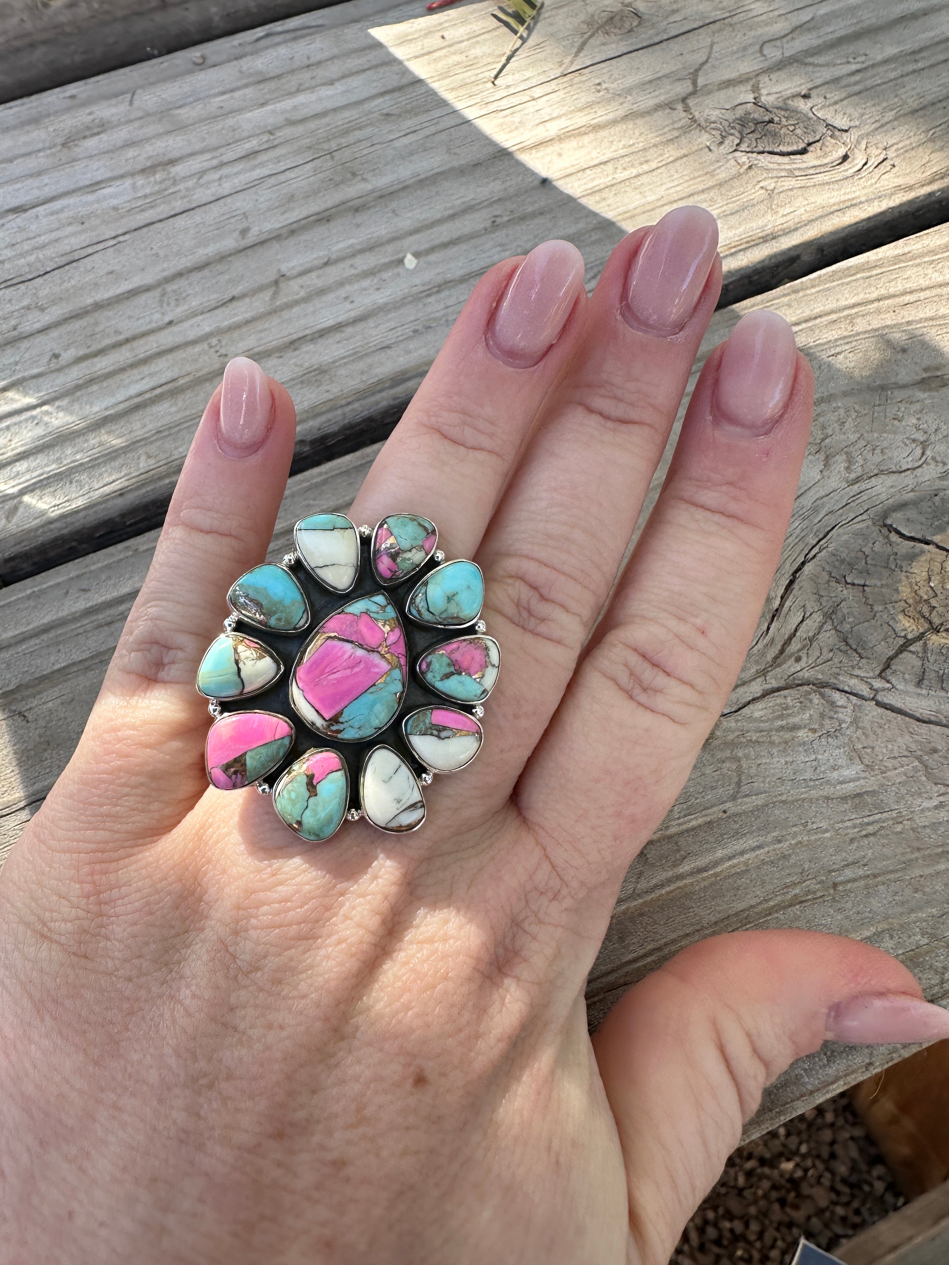 Handmade Cotton Candy Sterling Adjustable Cluster Ring