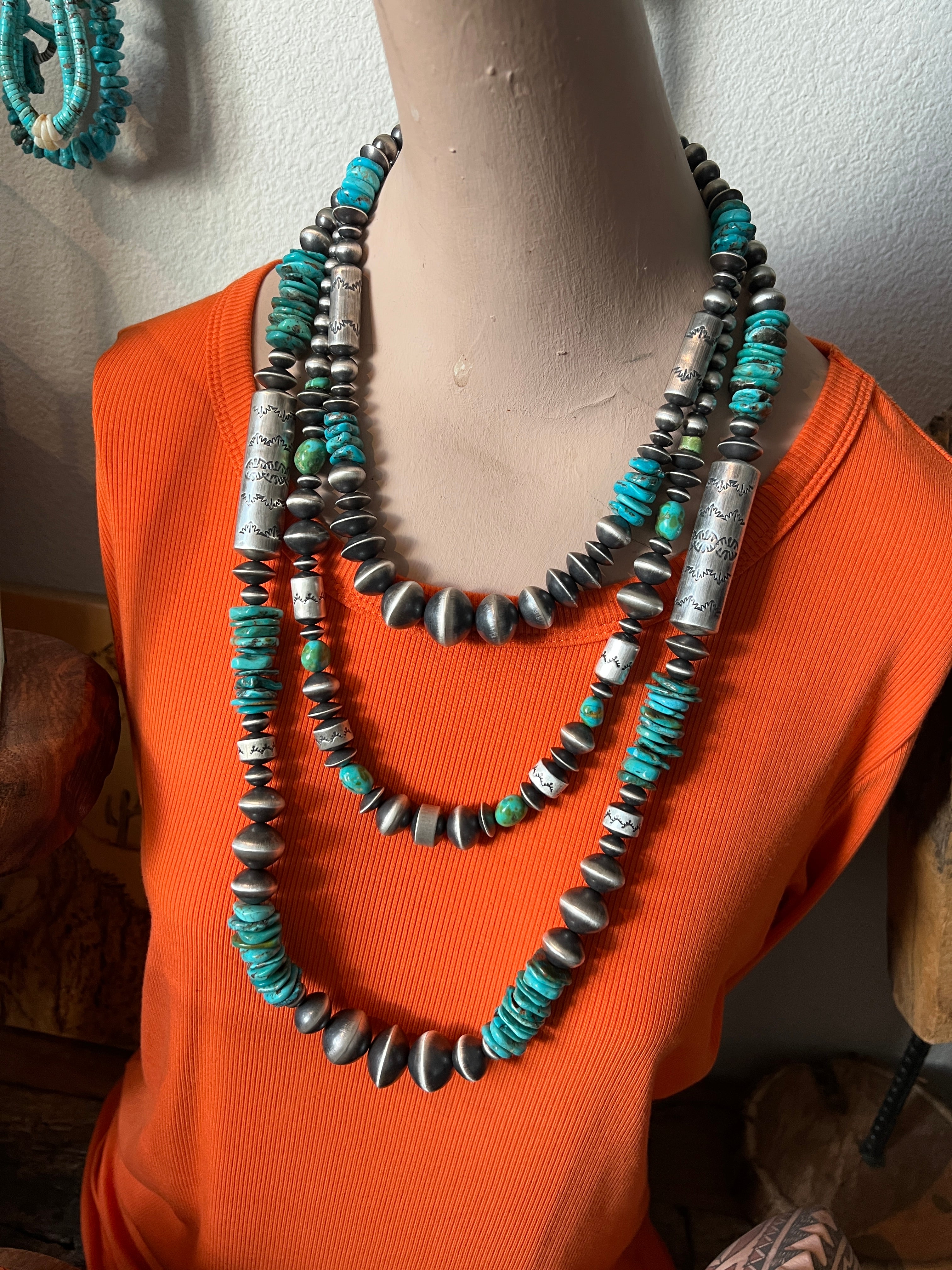 Handcrafted Sterling Silver and Kingman Turquoise Beaded Necklace by Rose Martin, 20 + 1-1/2 inches