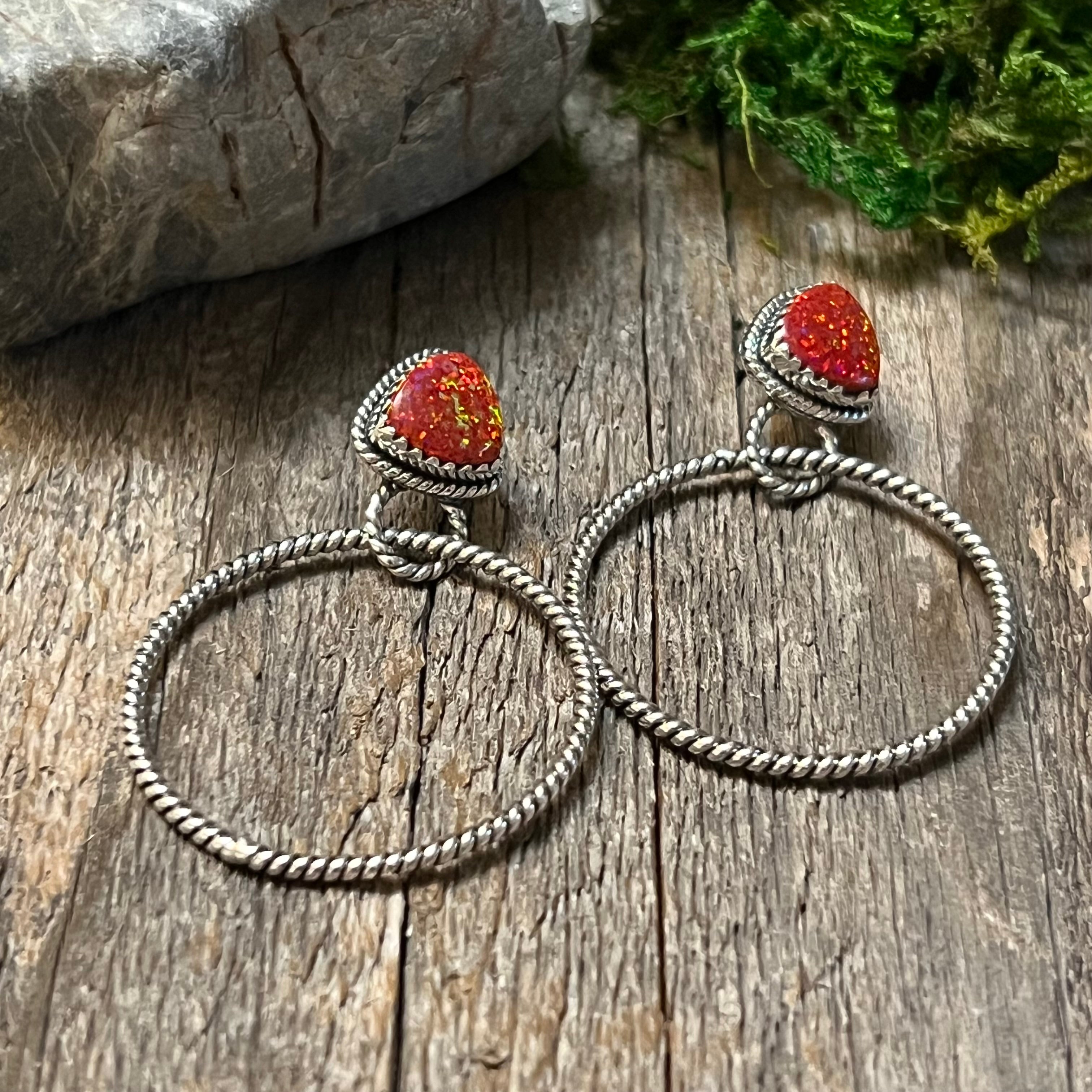 Handmade Fire Red Speckled Opal Sterling Silver Hoop Earrings