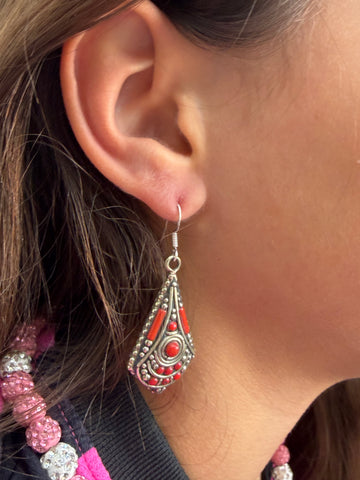 Red Coral & Silver Tribal Drop Earrings – Boho Statement Dangles
