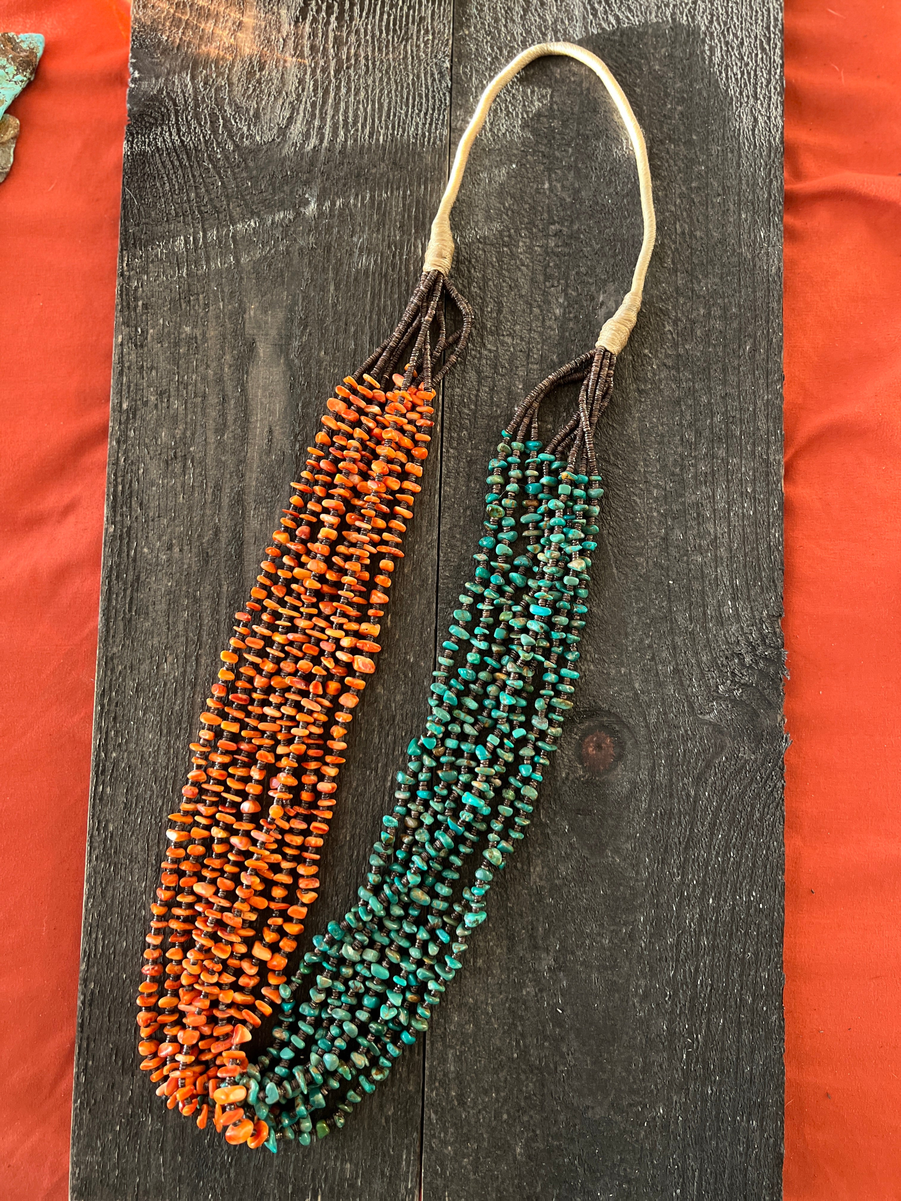 Handcrafted Eight Strand Spiny Oyster and Turquoise Beaded Squaw Wrap Necklace by Daniel Coriz