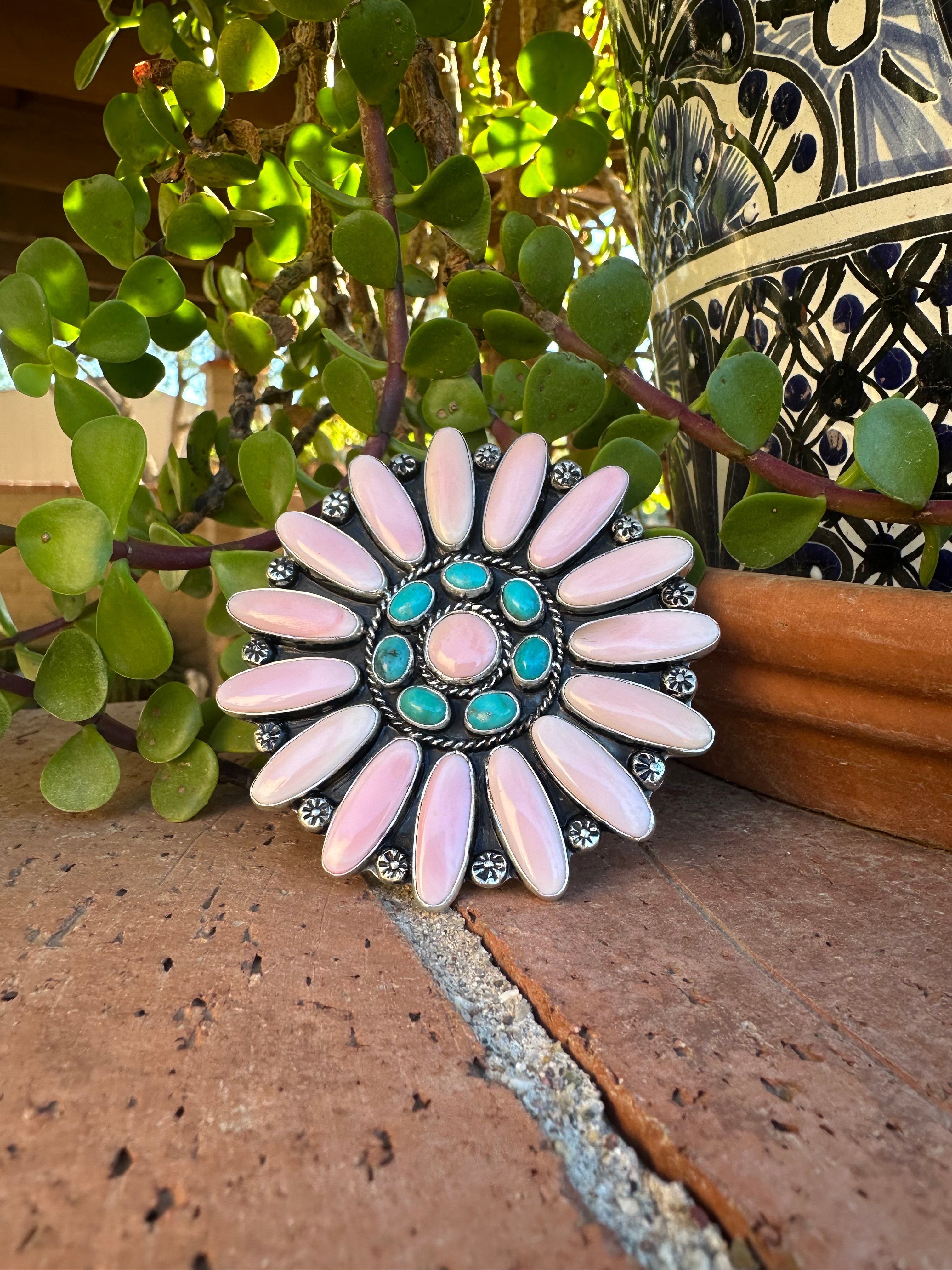 Navajo Sterling Silver, Turquoise & Queen Pink Conch Adjustable Ring