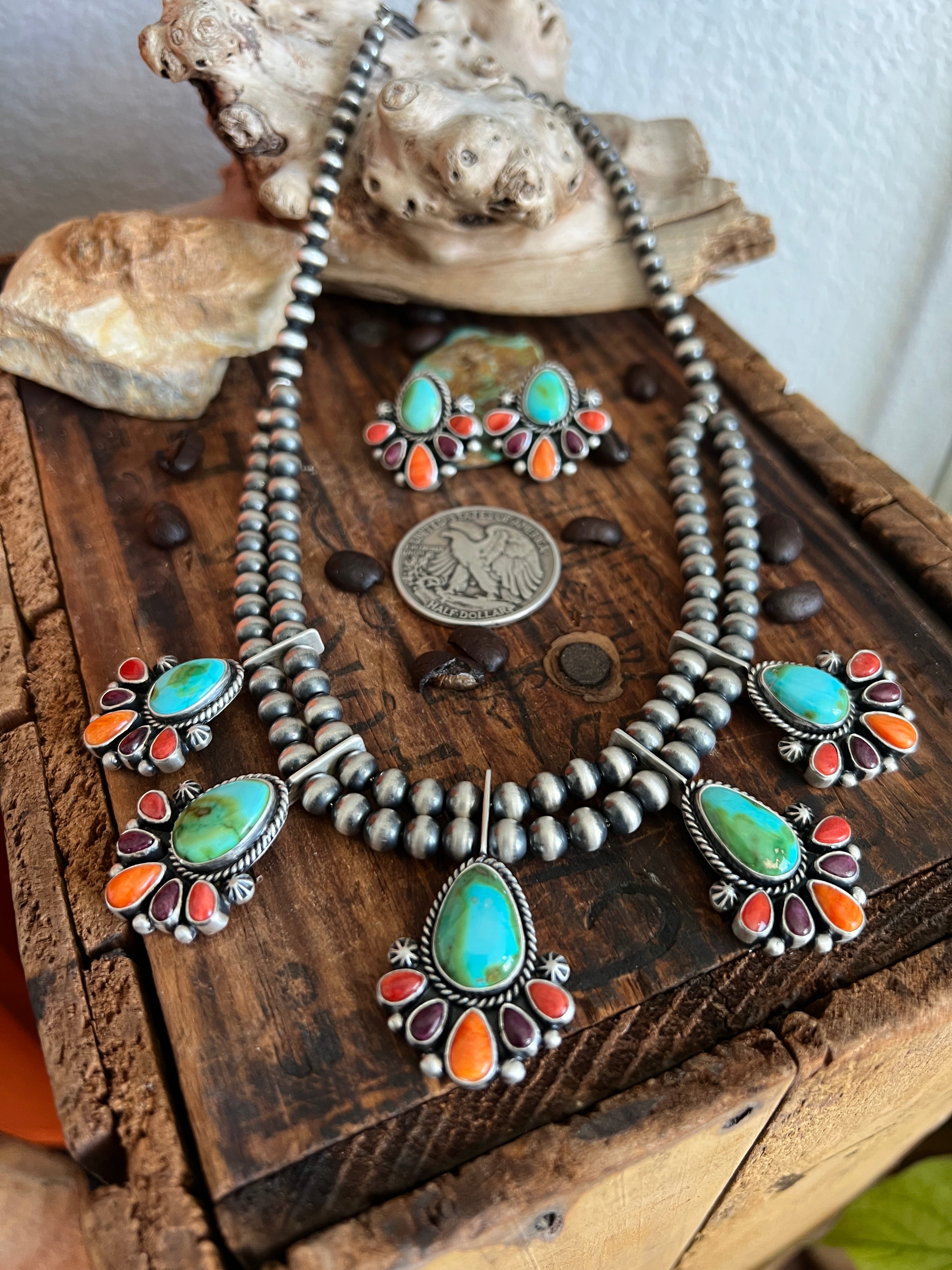 Handcrafted Sterling Silver Electric Rainbow Beaded Cluster Necklace & Earrings Set by Angela Martin