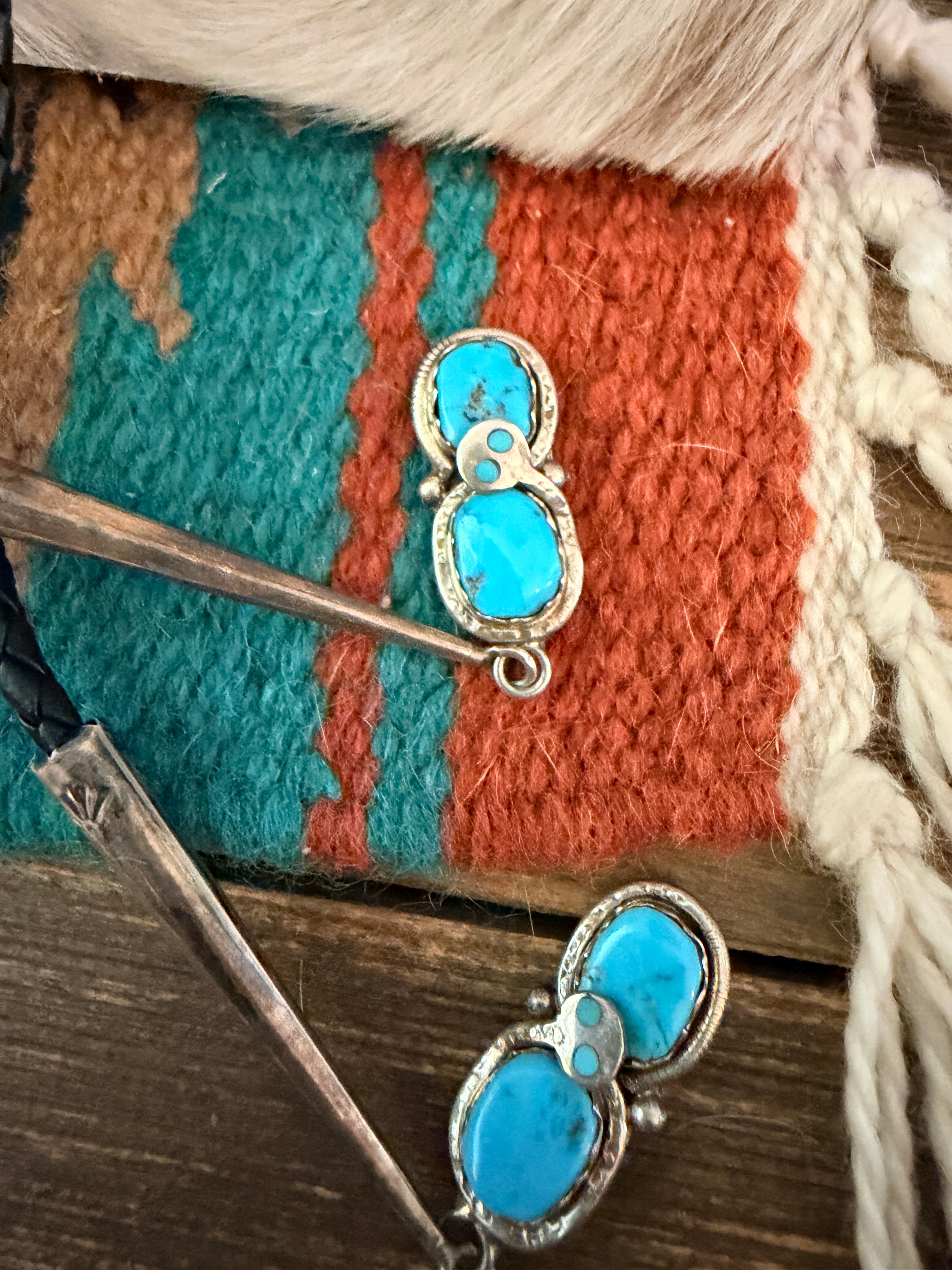 Handcrafted Vintage Old Pawn Sterling Silver & Turquoise Concho Bolo Tie by Effie Calavaza