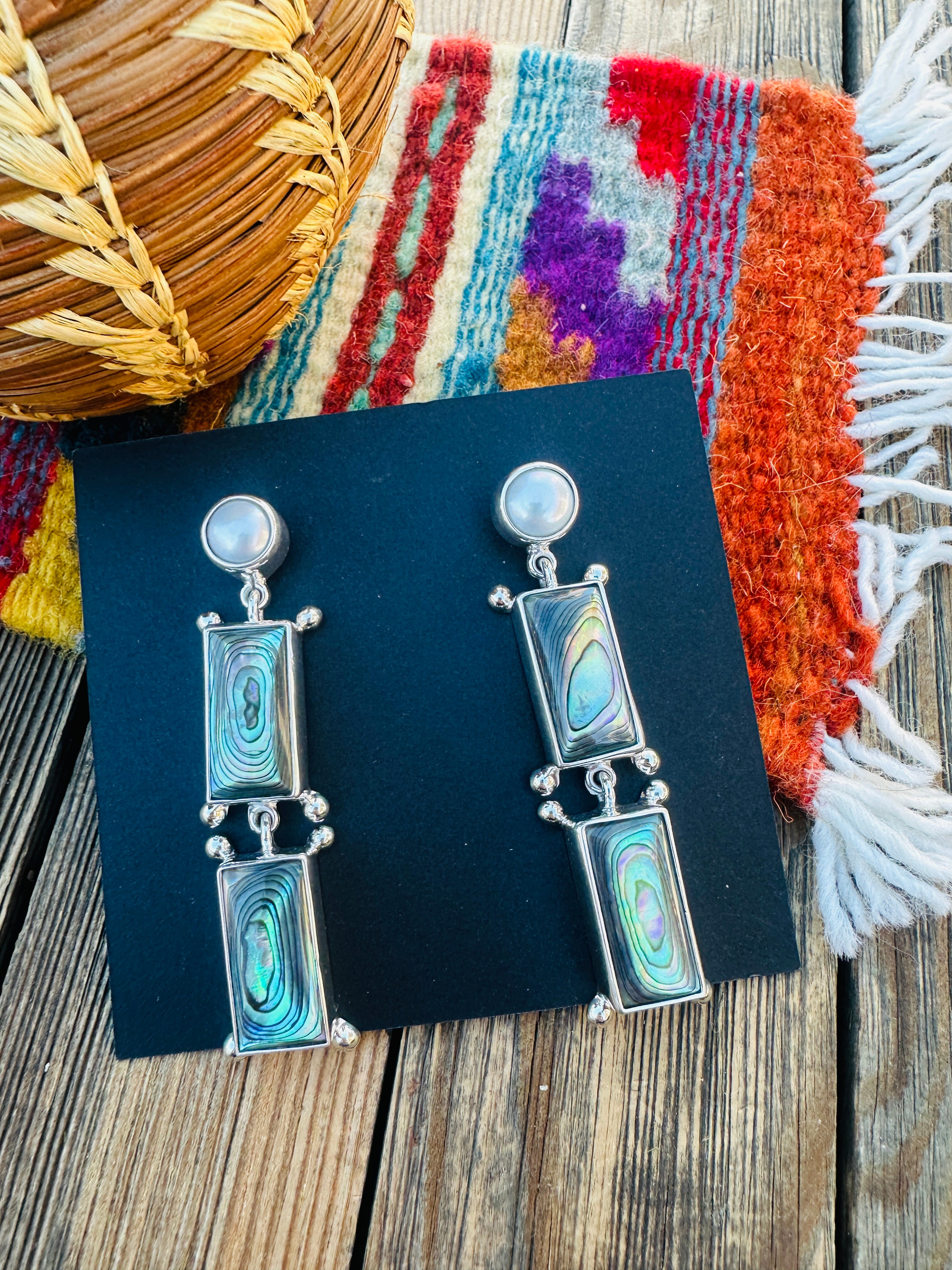 Handcrafted Abalone, Mother of Pearl & Sterling Silver Dangle Earrings by Federico Jimenez