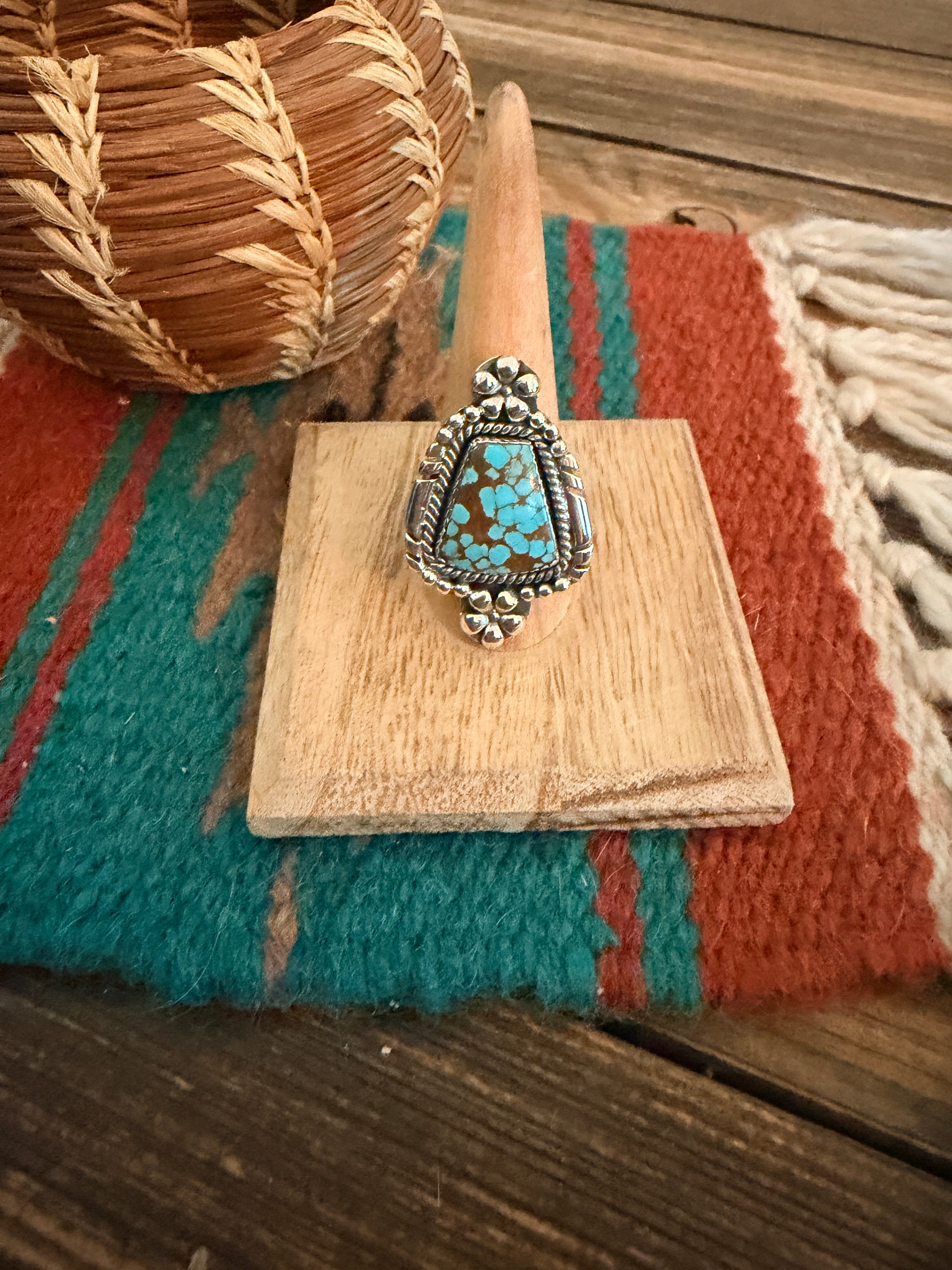 Handmade Sterling Silver Number 8 Turquoise Adjustable Ring Signed Nizhoni