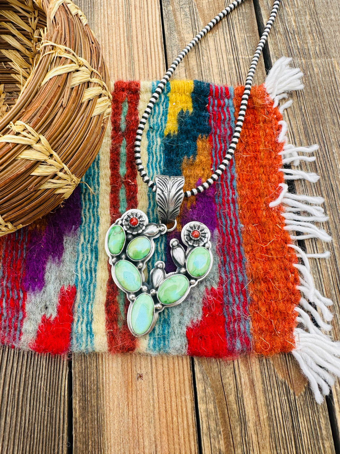 Handcrafted Sterling Silver, Turquoise & Coral Cactus Pendant by Charles Johnson