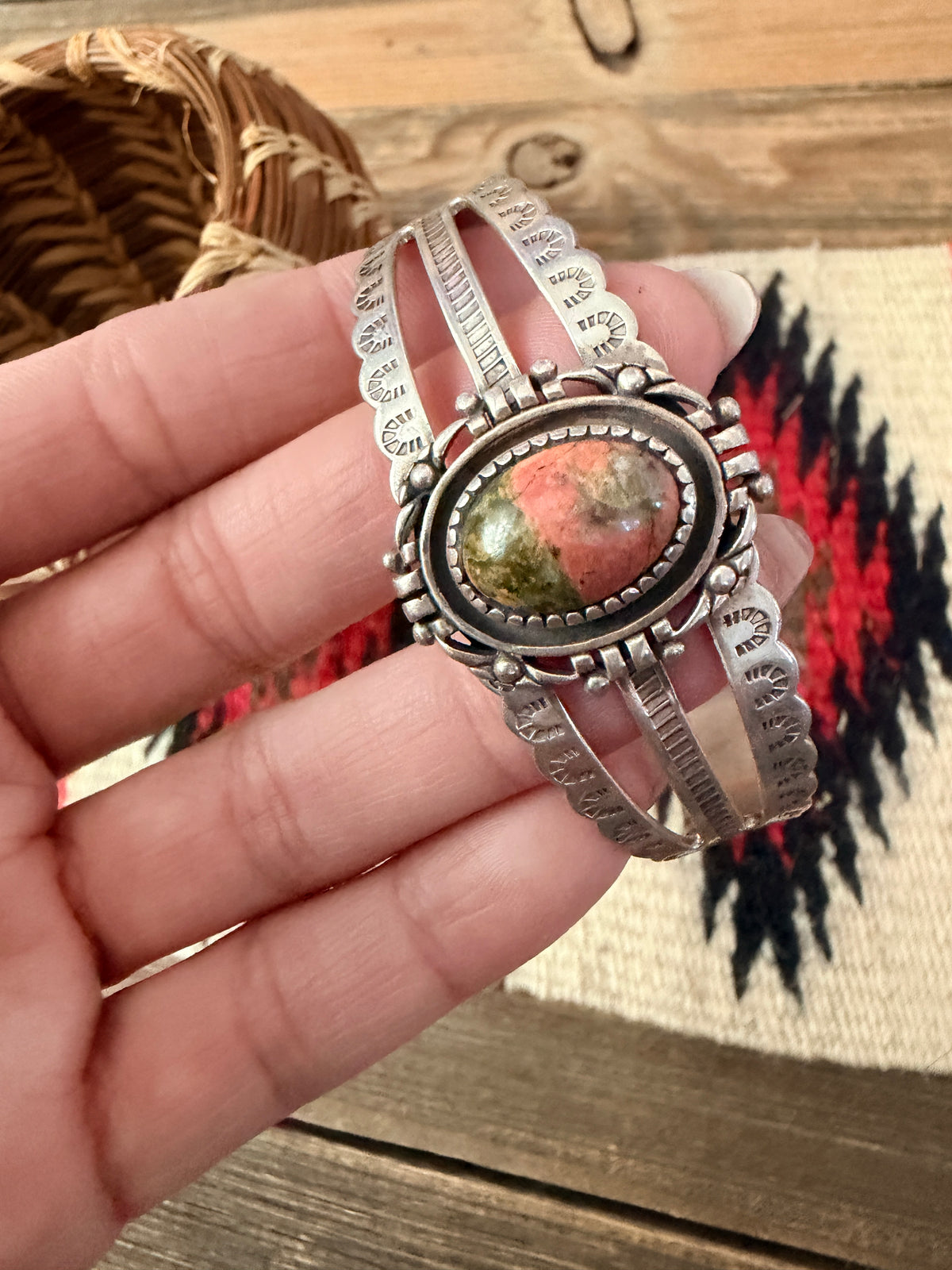 Handcrafted Old Pawn Unakite & Sterling Silver Cuff Bracelet