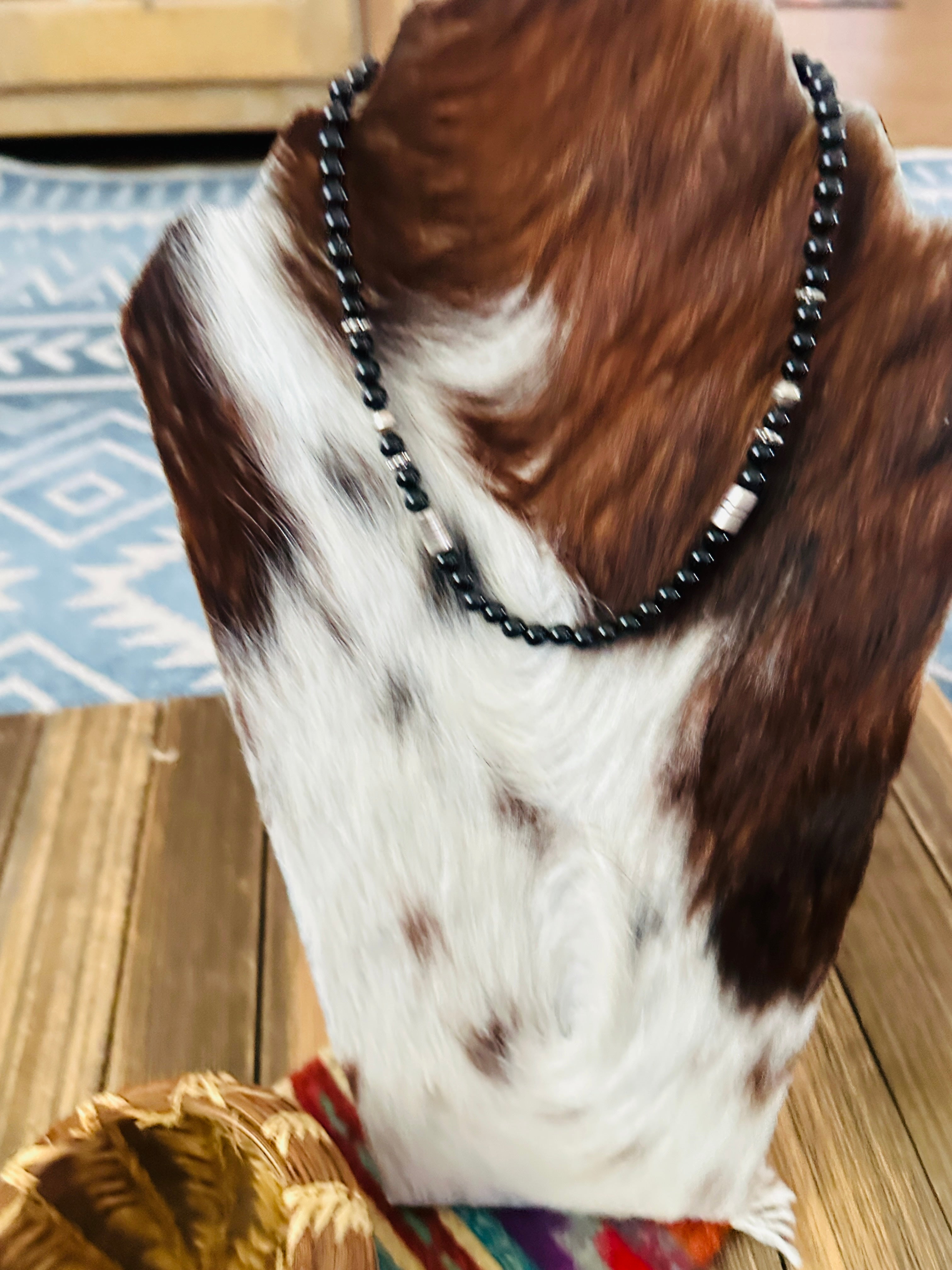 Handcrafted Black Onyx & Sterling Silver Beaded 16” Necklace by T & R Singer