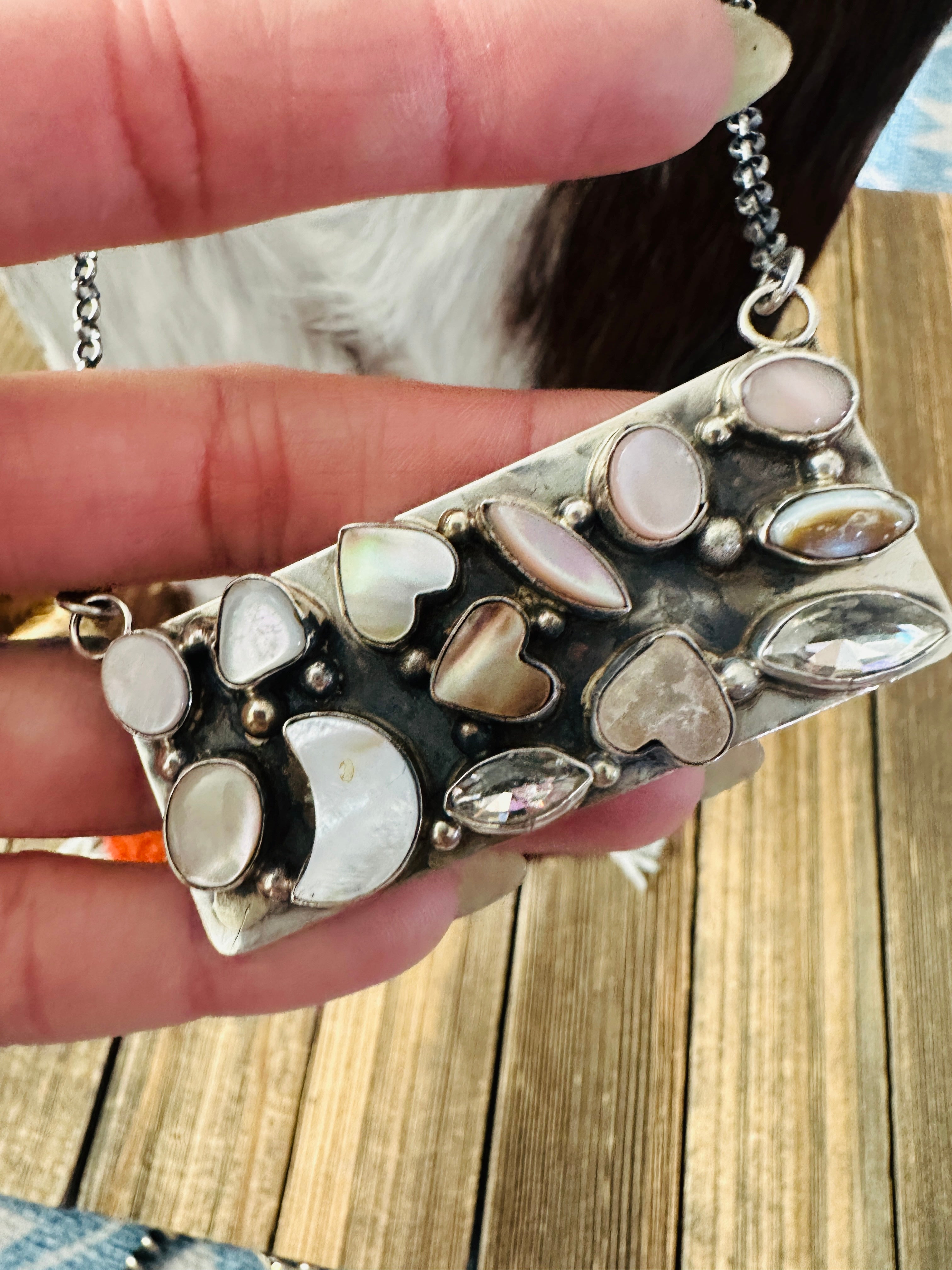 Handcrafted Mother of Pearl, CZ & Sterling Silver Bar Necklace by Jacqueline Silver