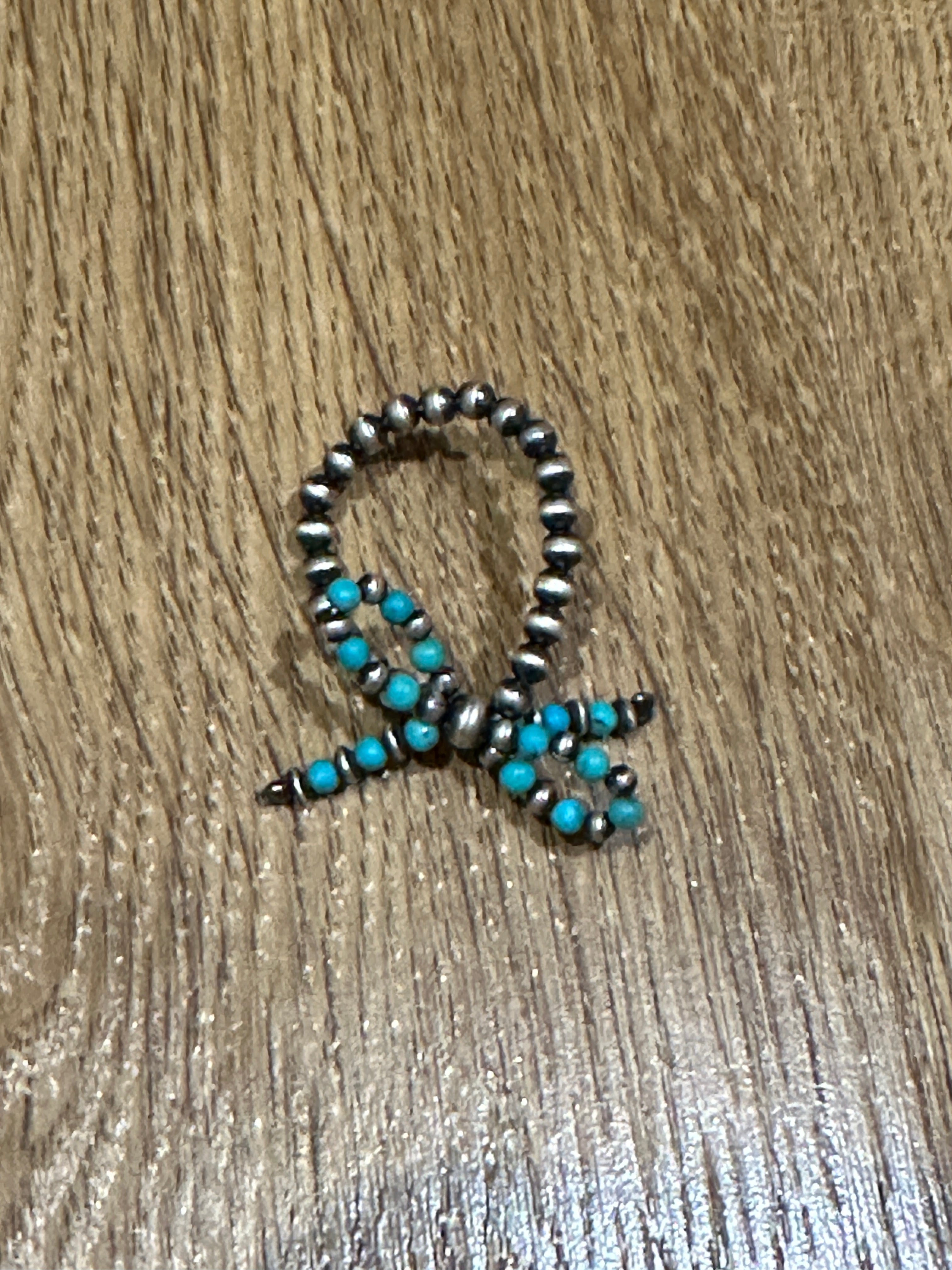 Handmade Turquoise Bow Tie Handmade Sterling Silver Pearl Beaded Stretch Ring