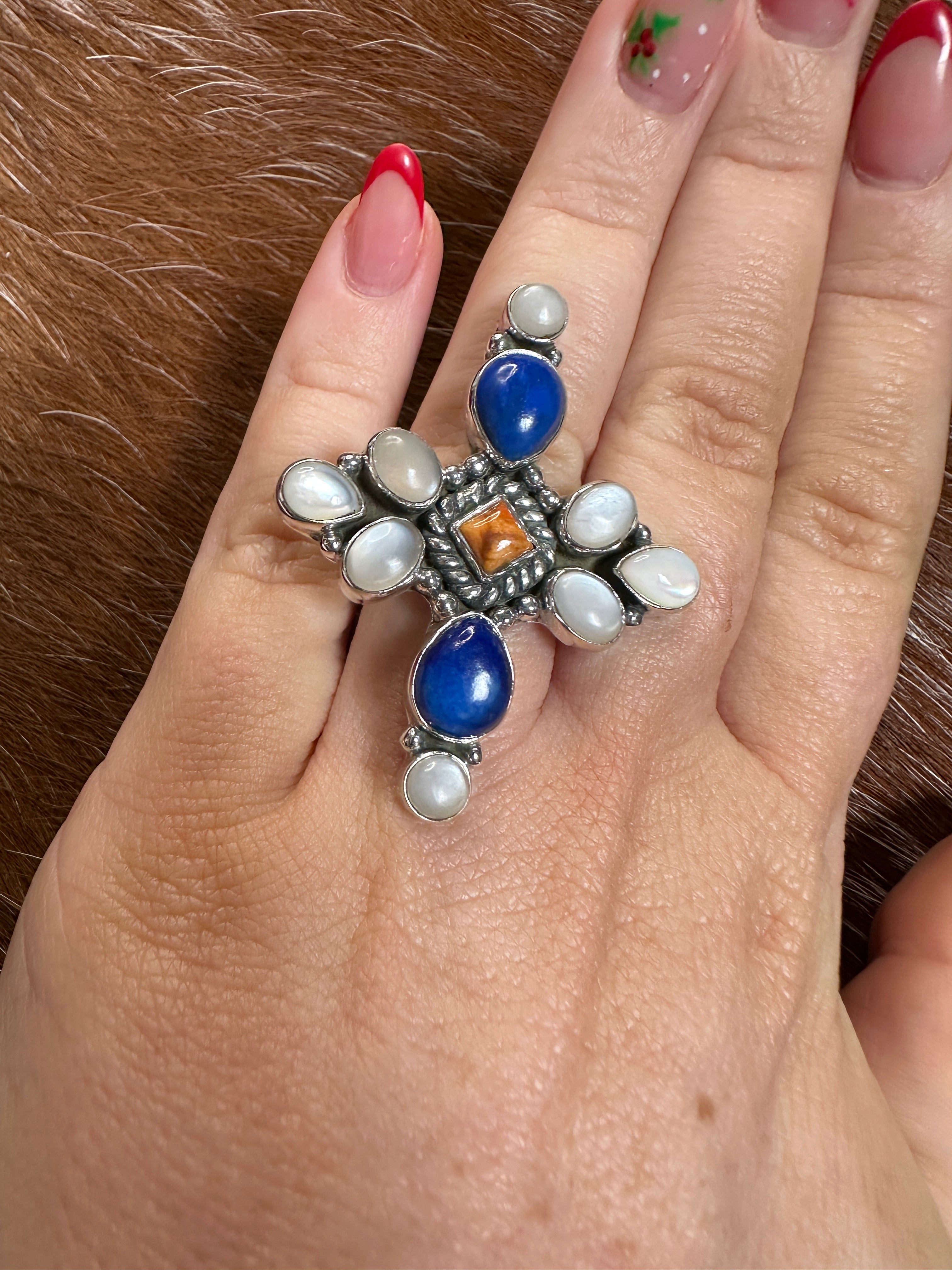 Handmade Mother of Pearl, Lapis, Orange Mojave  & Sterling Silver Adjustable Ring Signed Nizhoni