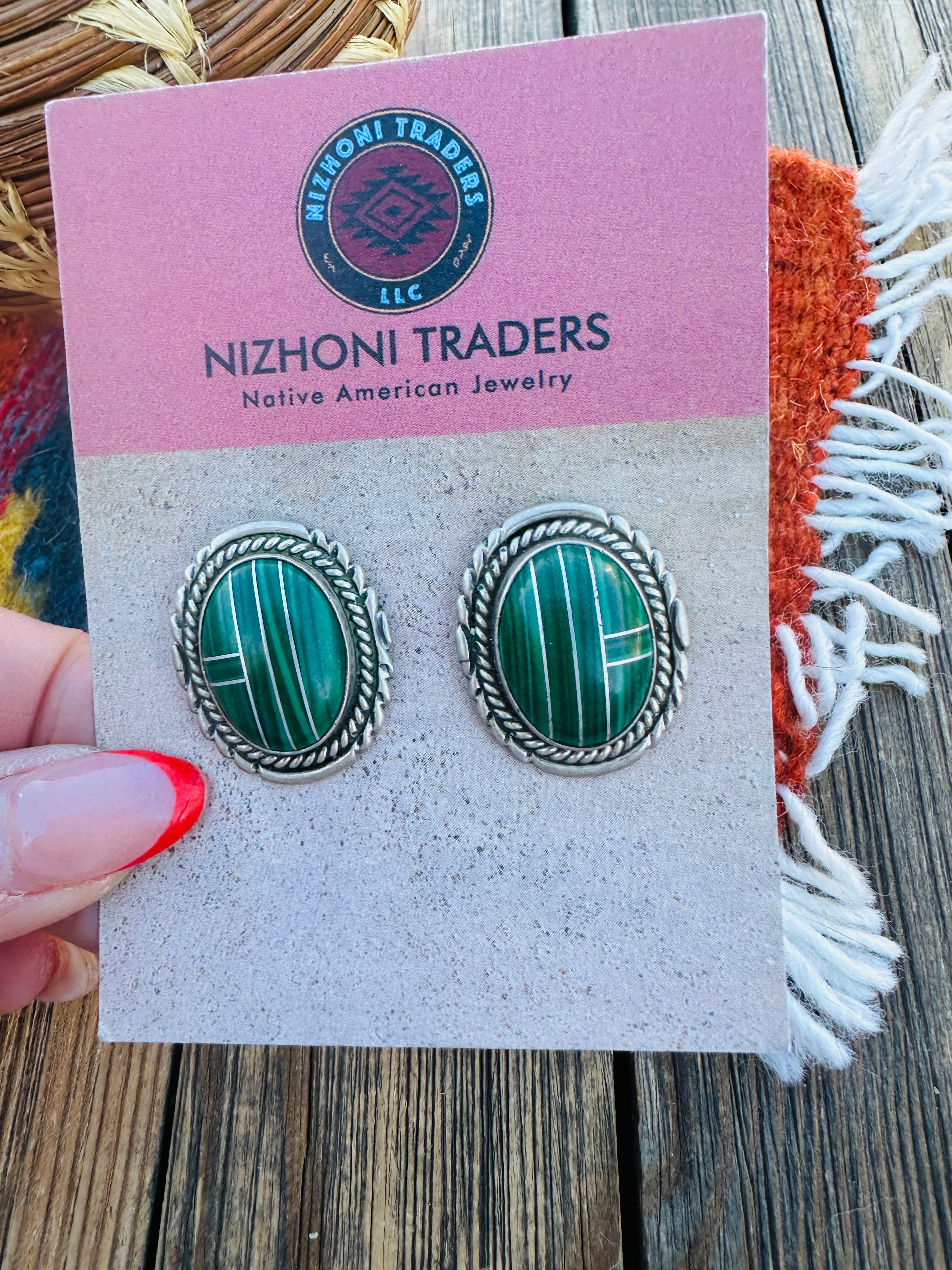 Handcrafted Old Pawn Sterling Silver & Malachite Inlay Post Earrings