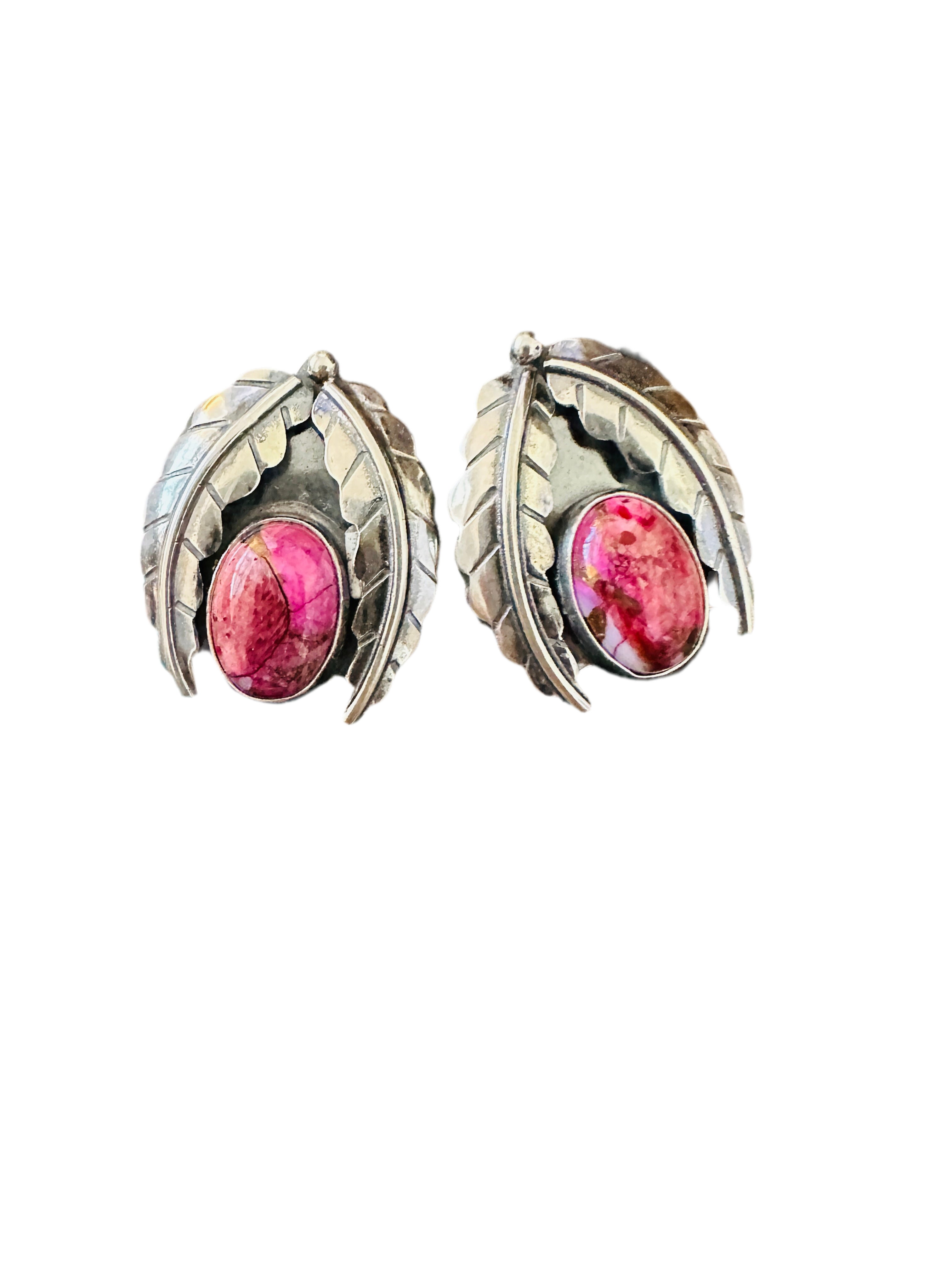 Navajo Pink Mojave & Sterling Silver Leaf Post Earrings