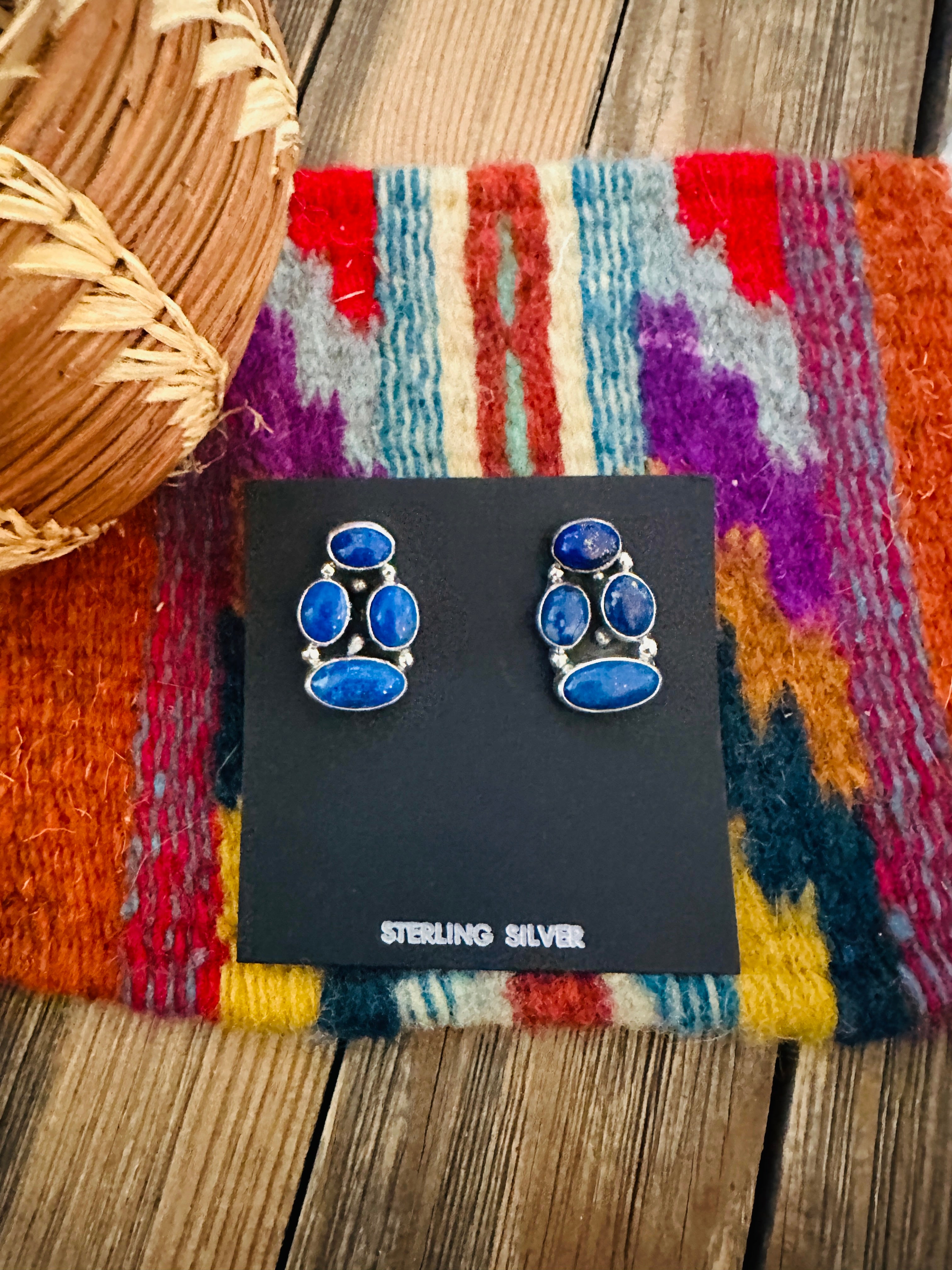 Handcrafted Lapis & Sterling Silver Cluster Post Earrings