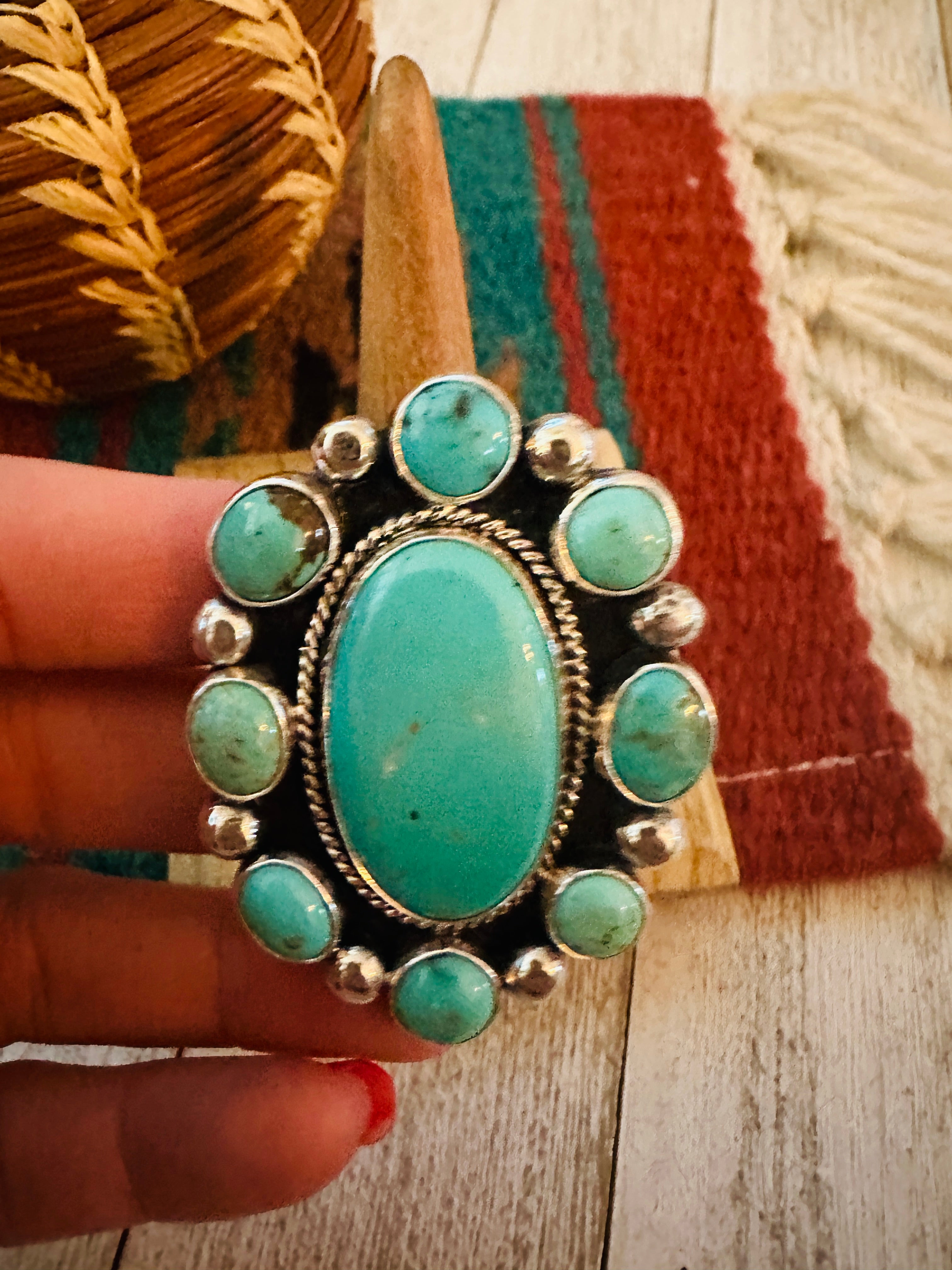 Navajo Sterling Silver & Turquoise Cluster Adjustable Ring