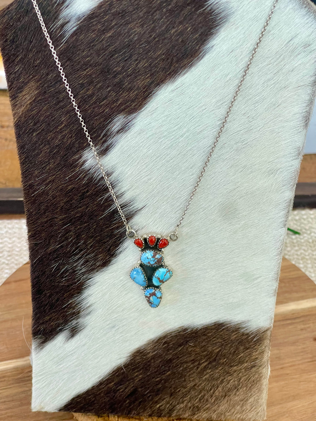 Handmade Sterling Silver, Golden Hills Turquoise & Coral Necklace Signed Nizhoni