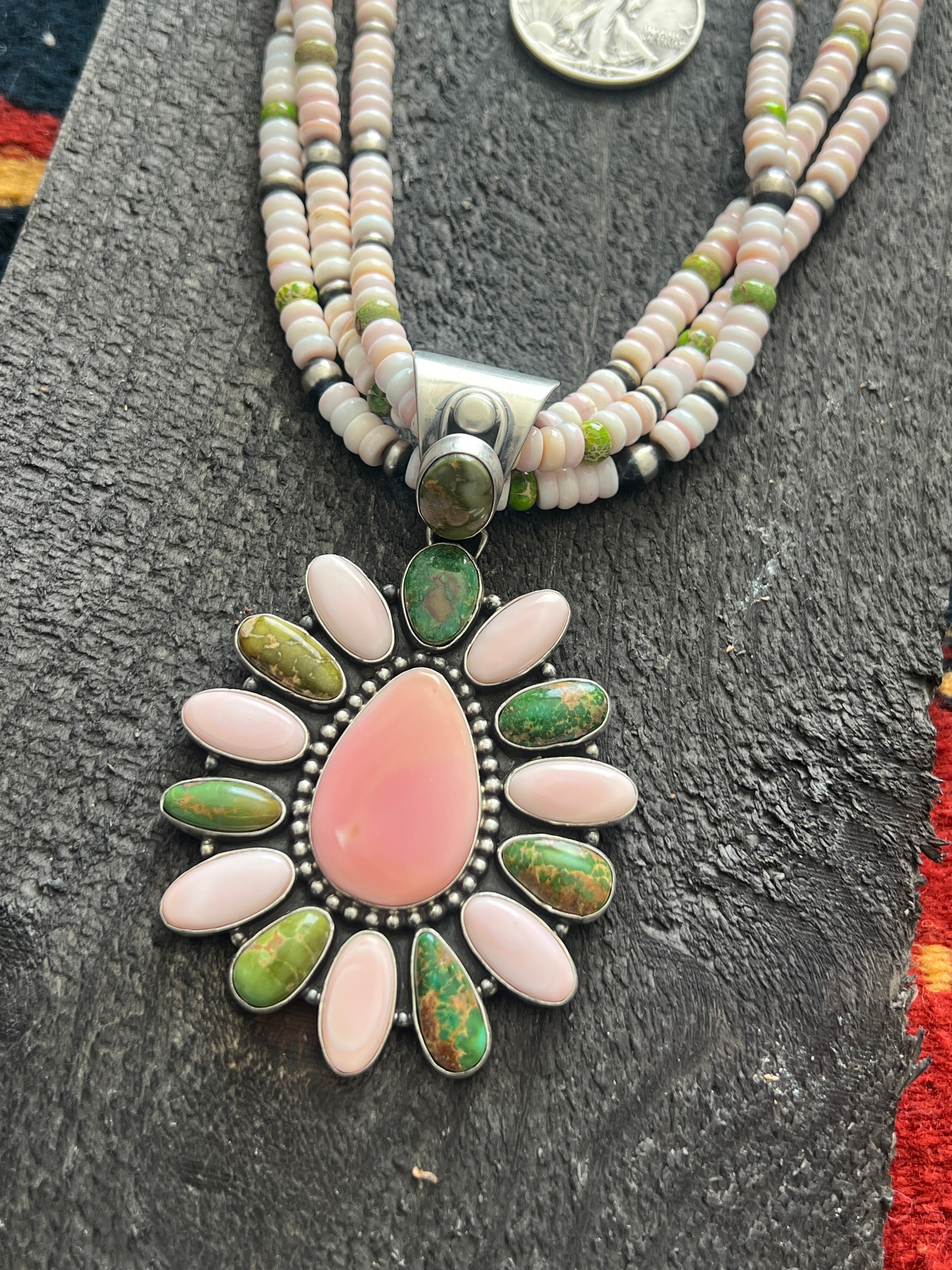Handcrafted Sonoran Gold Turquoise, Sterling Silver and Pink Conch Cluster Pendant w/ Beaded Multistrand Necklace by Patrick Yazzie