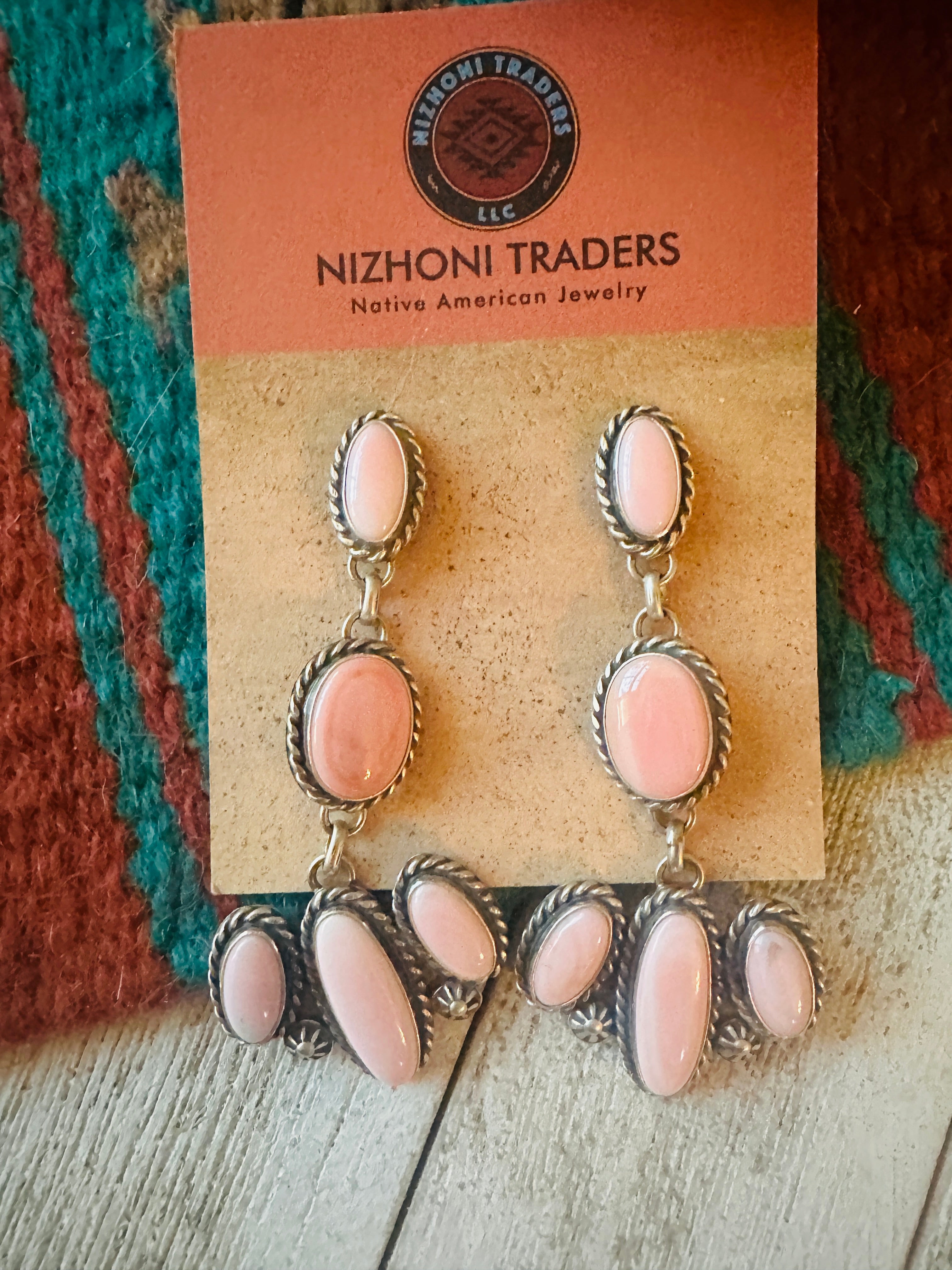 Navajo Queen Pink Conch & Sterling Silver Dangle Earrings