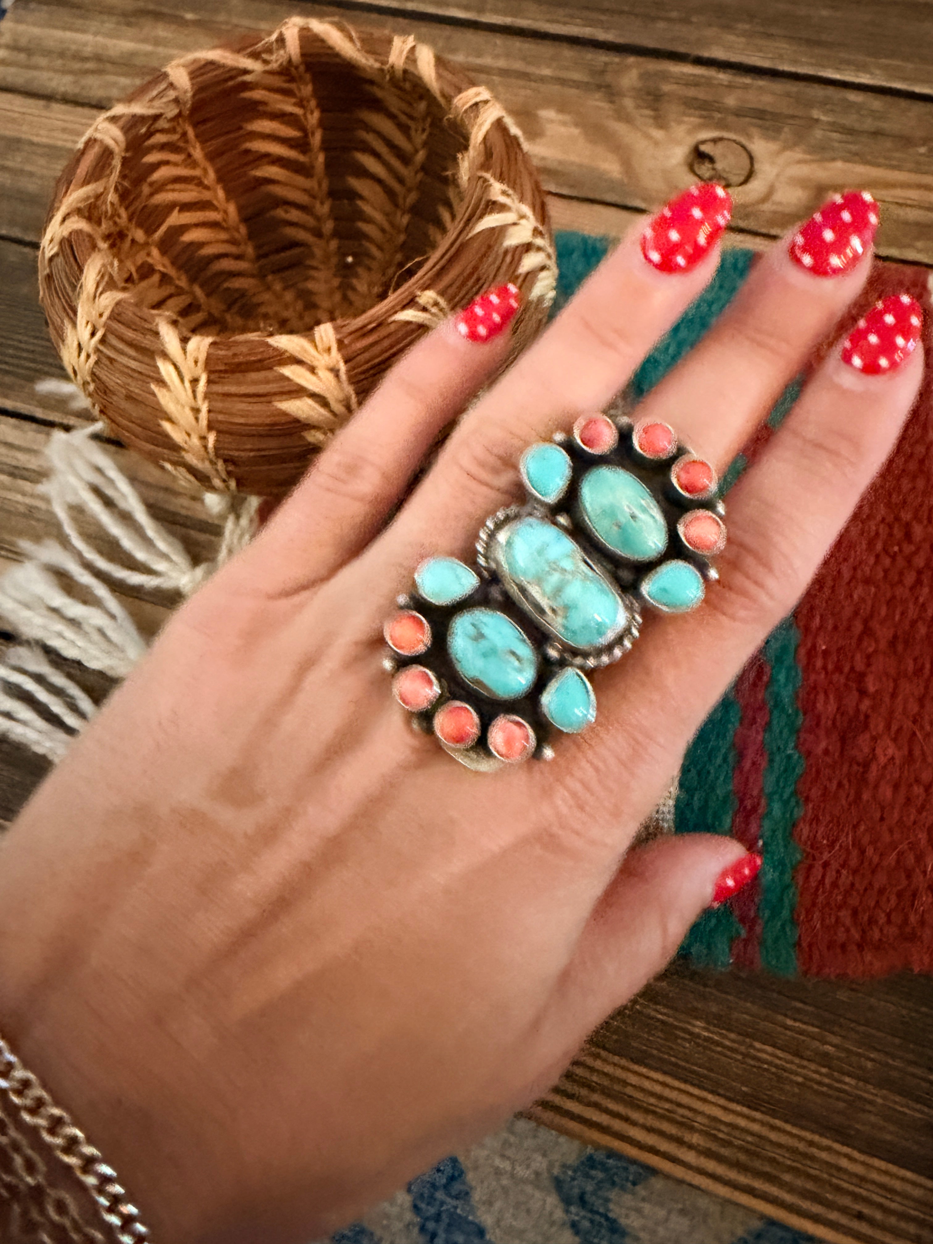 Handcrafted Spiny Oyster, Turquoise & Sterling Silver Cluster Ring by Sheila Becenti Size 9.5