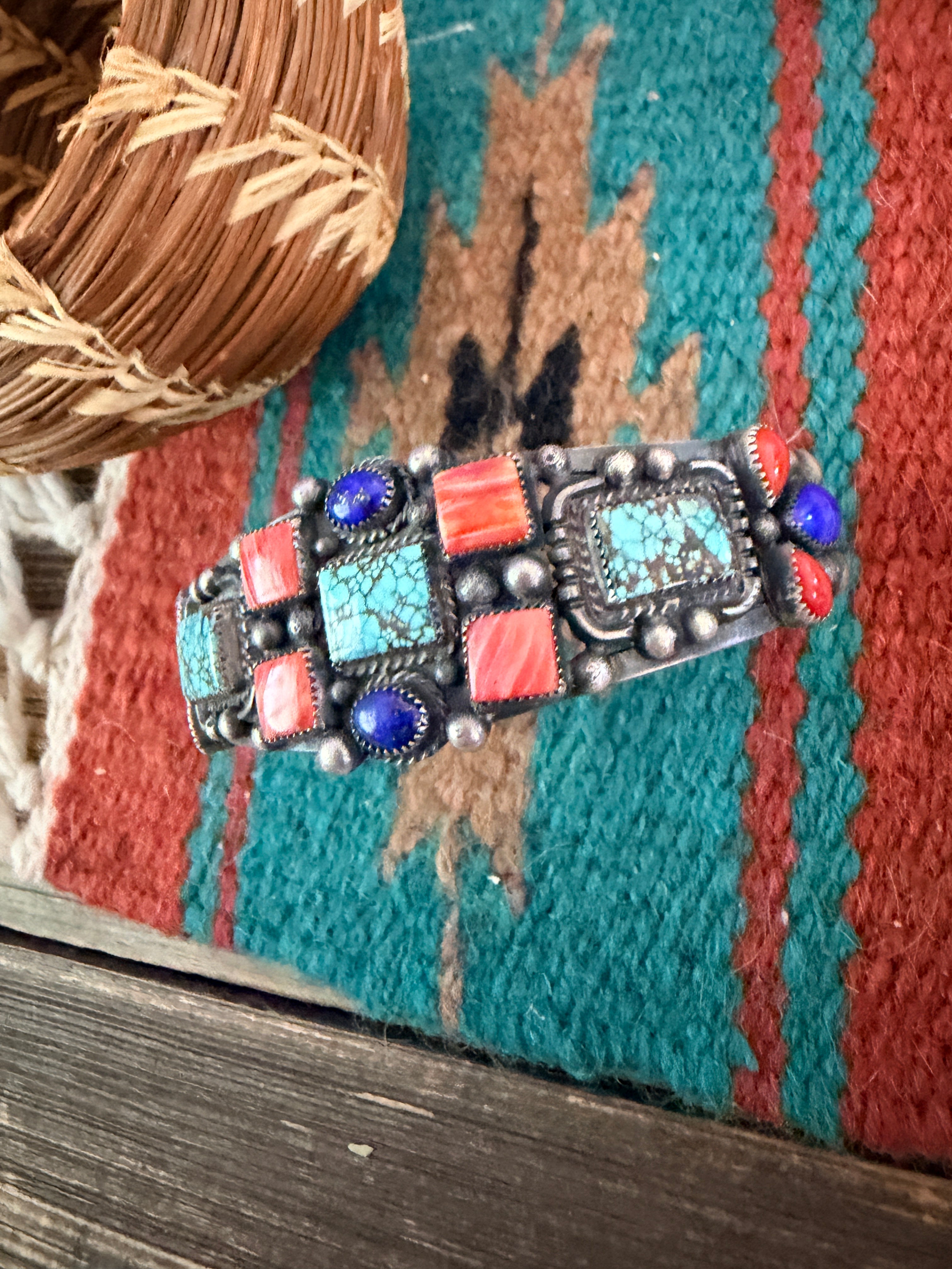 Handcrafted Old Pawn Sterling Silver & Multi Stone Cuff Bracelet
