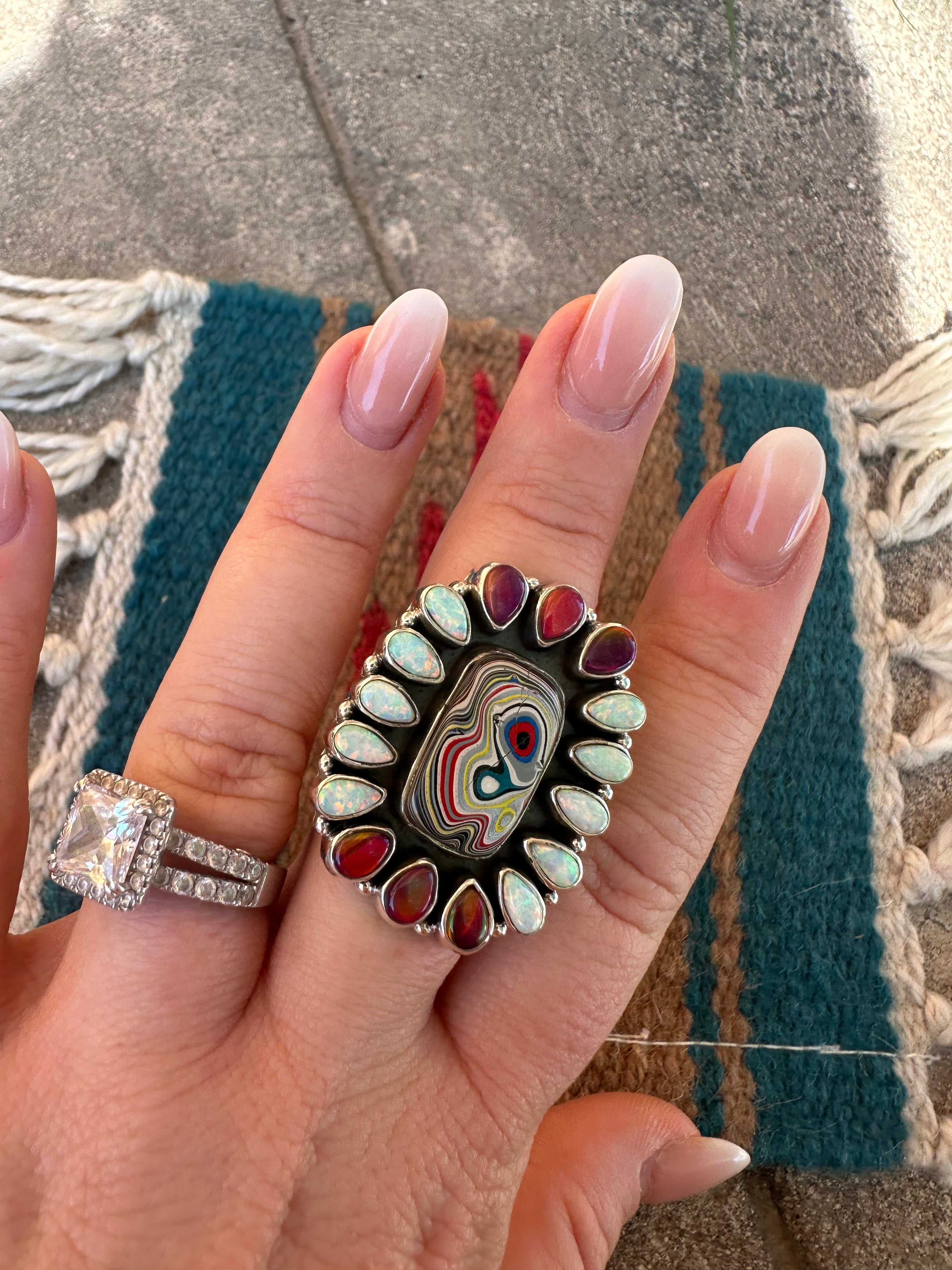 Handmade Sterling Silver, Fordite & Fire Opal Cluster Adjustable Ring 4