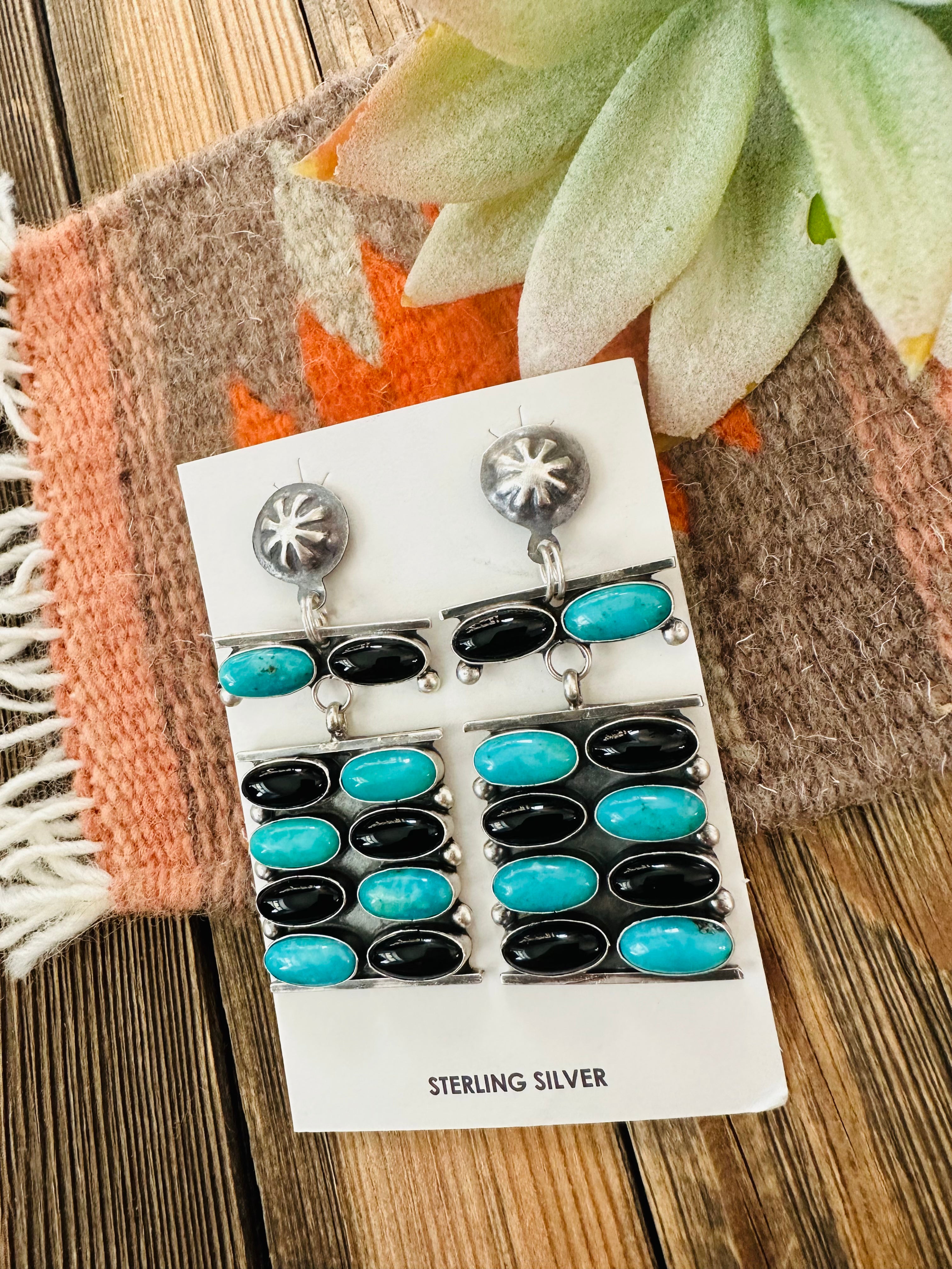 Navajo Turquoise, Onyx & Sterling Silver Dangle Earrings