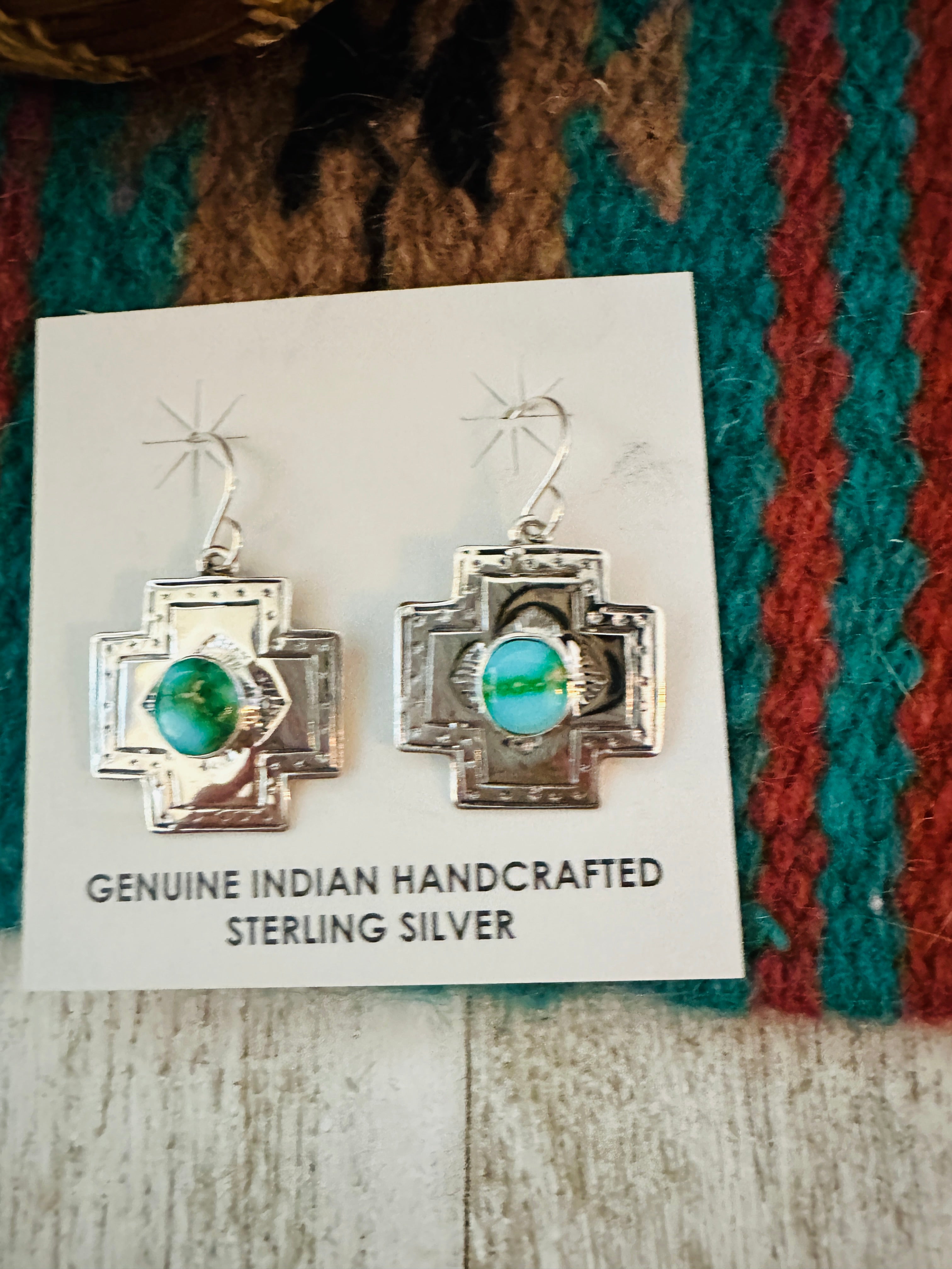 Navajo Sonoran Mountain Turquoise And Sterling Silver Cross Dangle Earrings