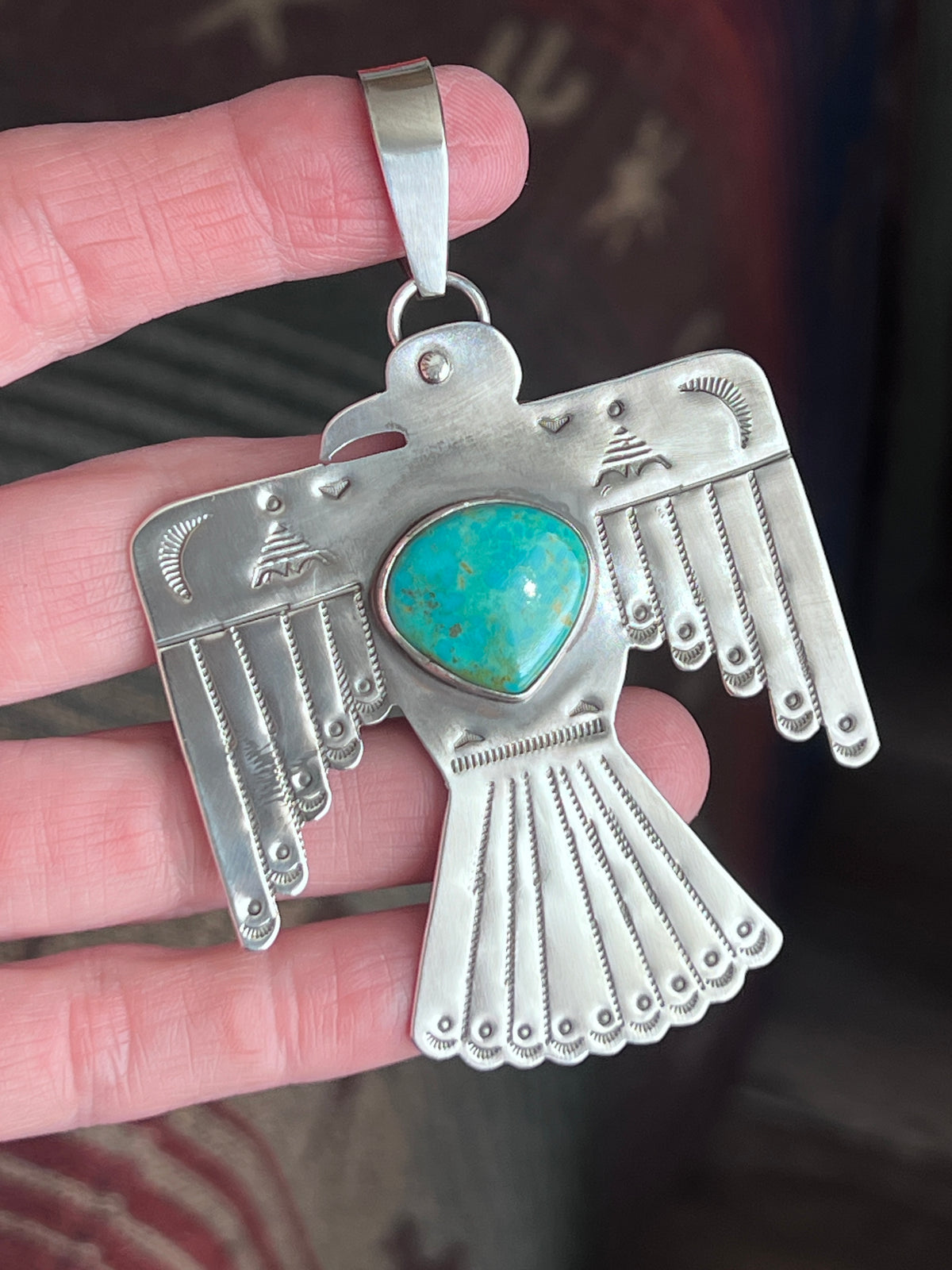 Kimari Somers Hand Stamped Sterling Silver & Kingman Turquoise Thunderbird Pendant 1