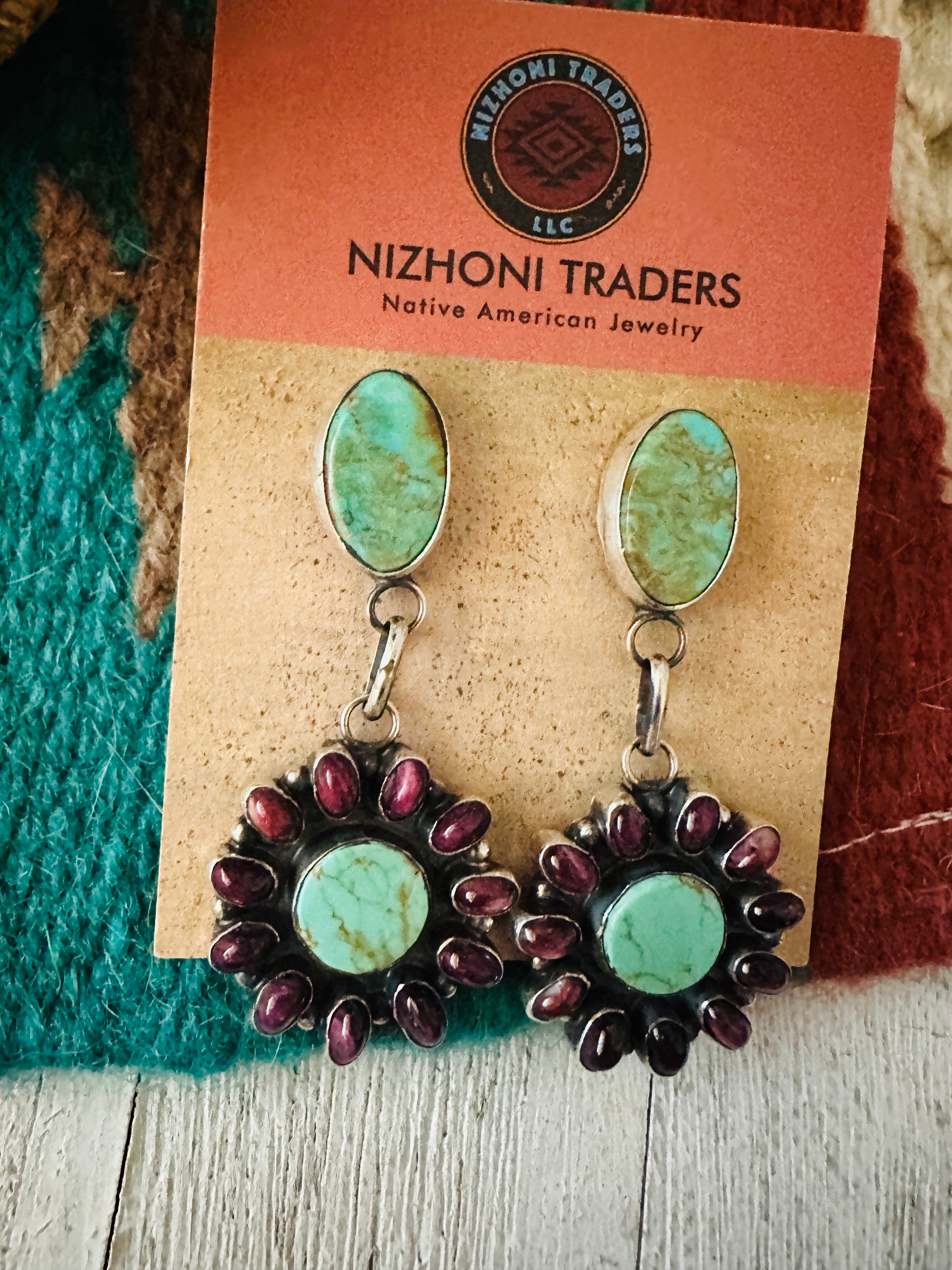 Navajo Turquoise, Spiny & Sterling Silver Dangle Earrings by Jacqueline Silver