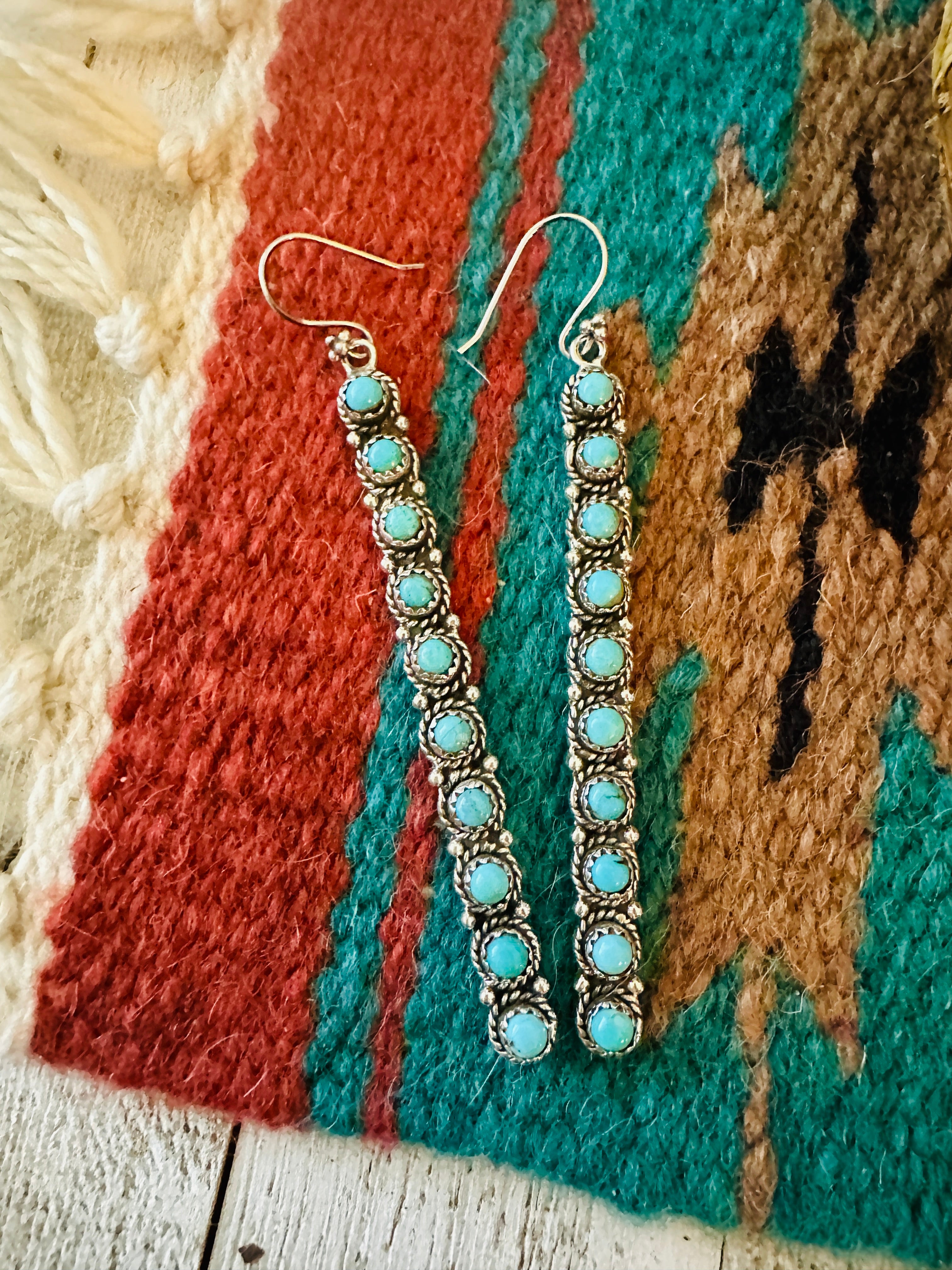 Handmade Turquoise & Sterling Silver Straight Wire Dangle Earrings Signed Nizhoni