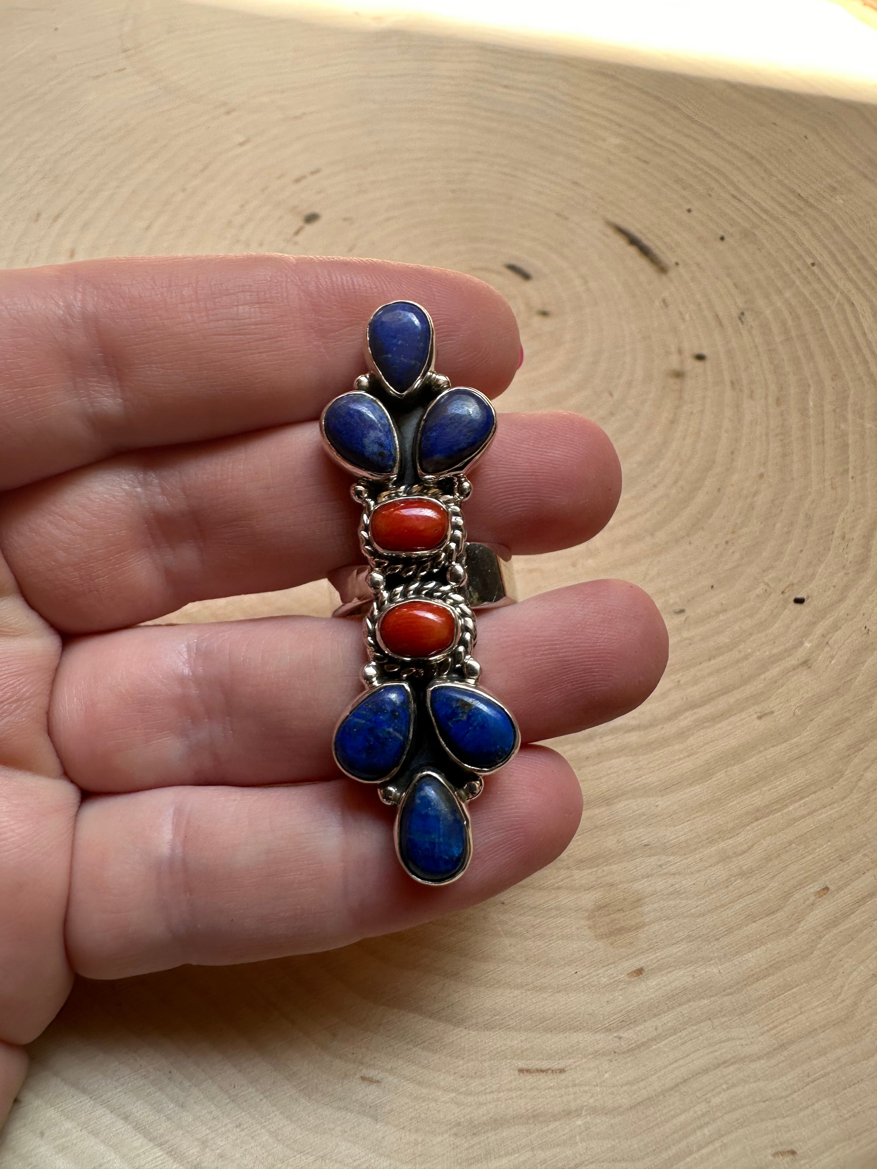 Handmade Lapis, Coral & Sterling Silver Adjustable Ring Signed Nizhoni