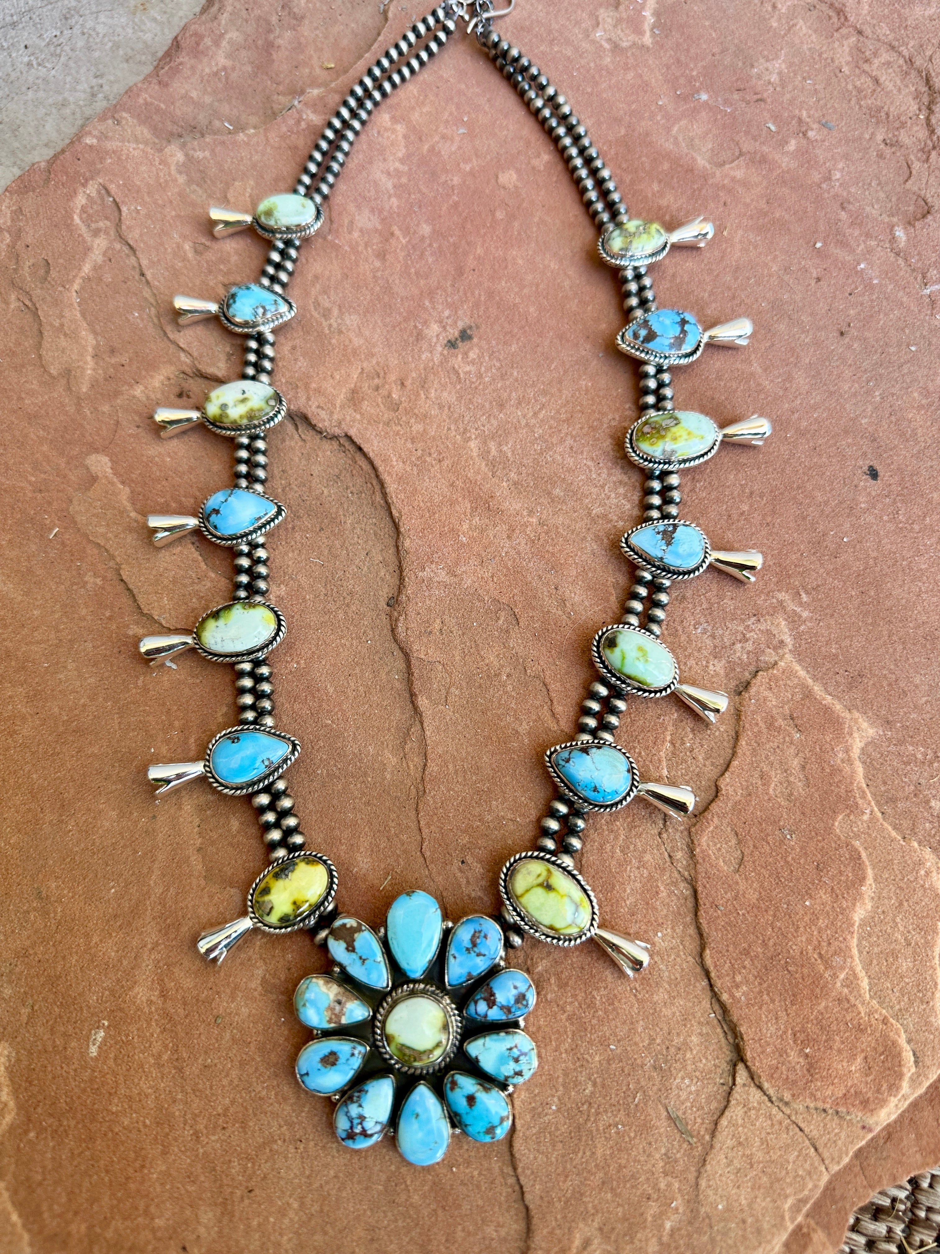 Handmade Sterling Silver, Golden Hills Turquoise & Palomino Turquoise Blossom Necklace Signed Nizhoni