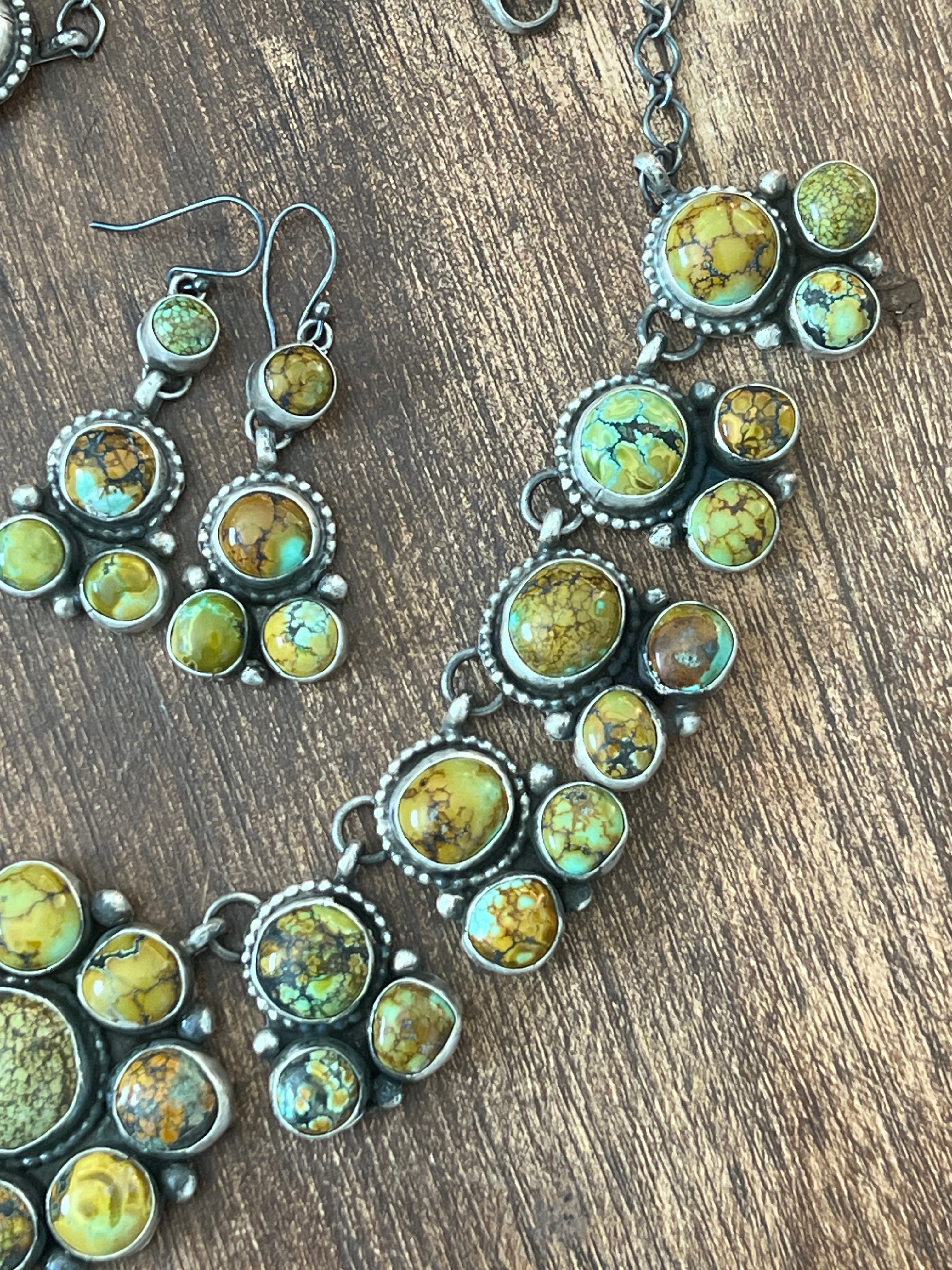 Handcrafted Sterling Silver and Blue Moon Turquoise Cluster Necklace and Earrings Set by Bobby Johnson