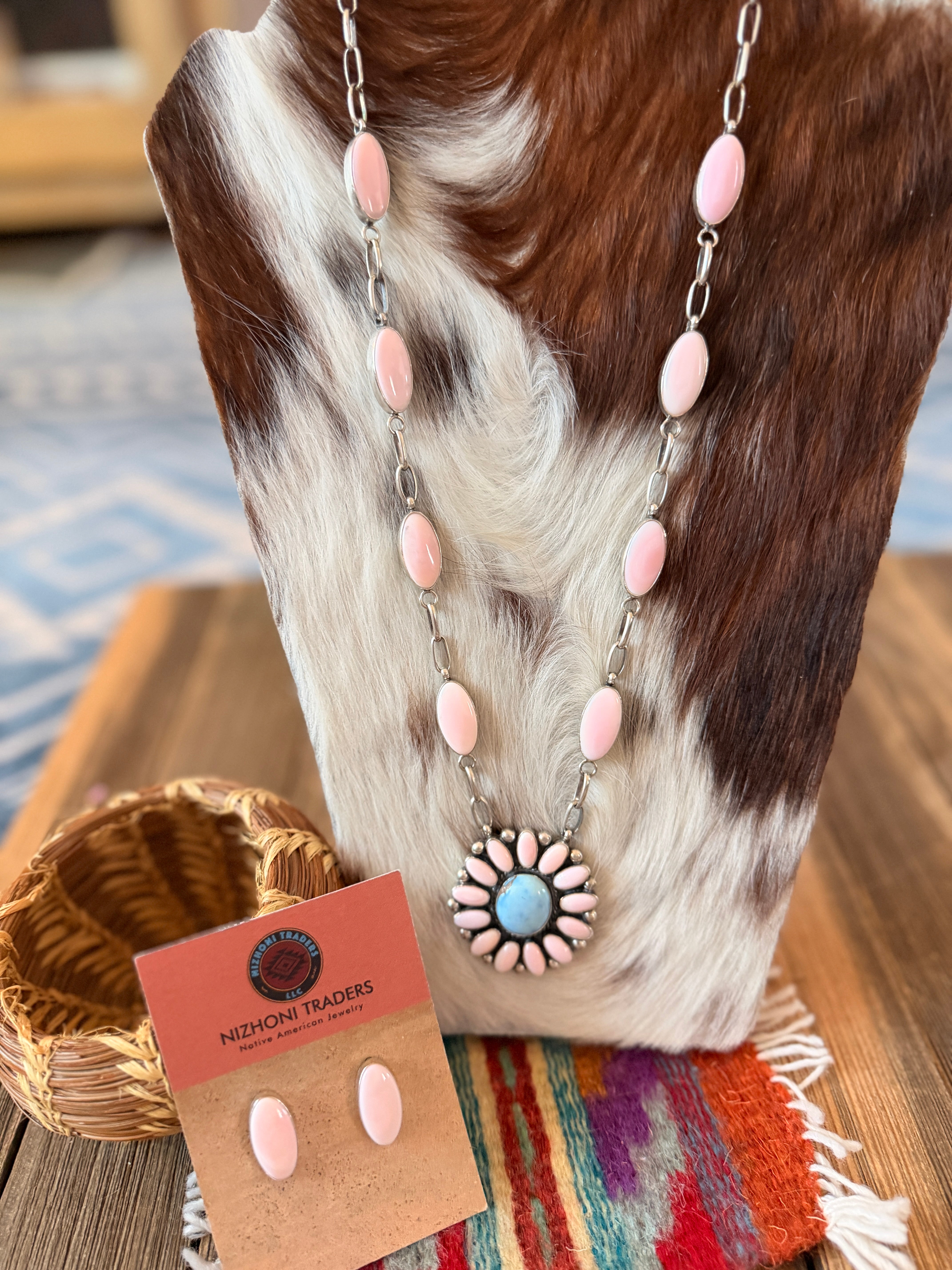 Handcrafted Queen Pink Conch, Turquoise & Sterling Silver Cluster Neck