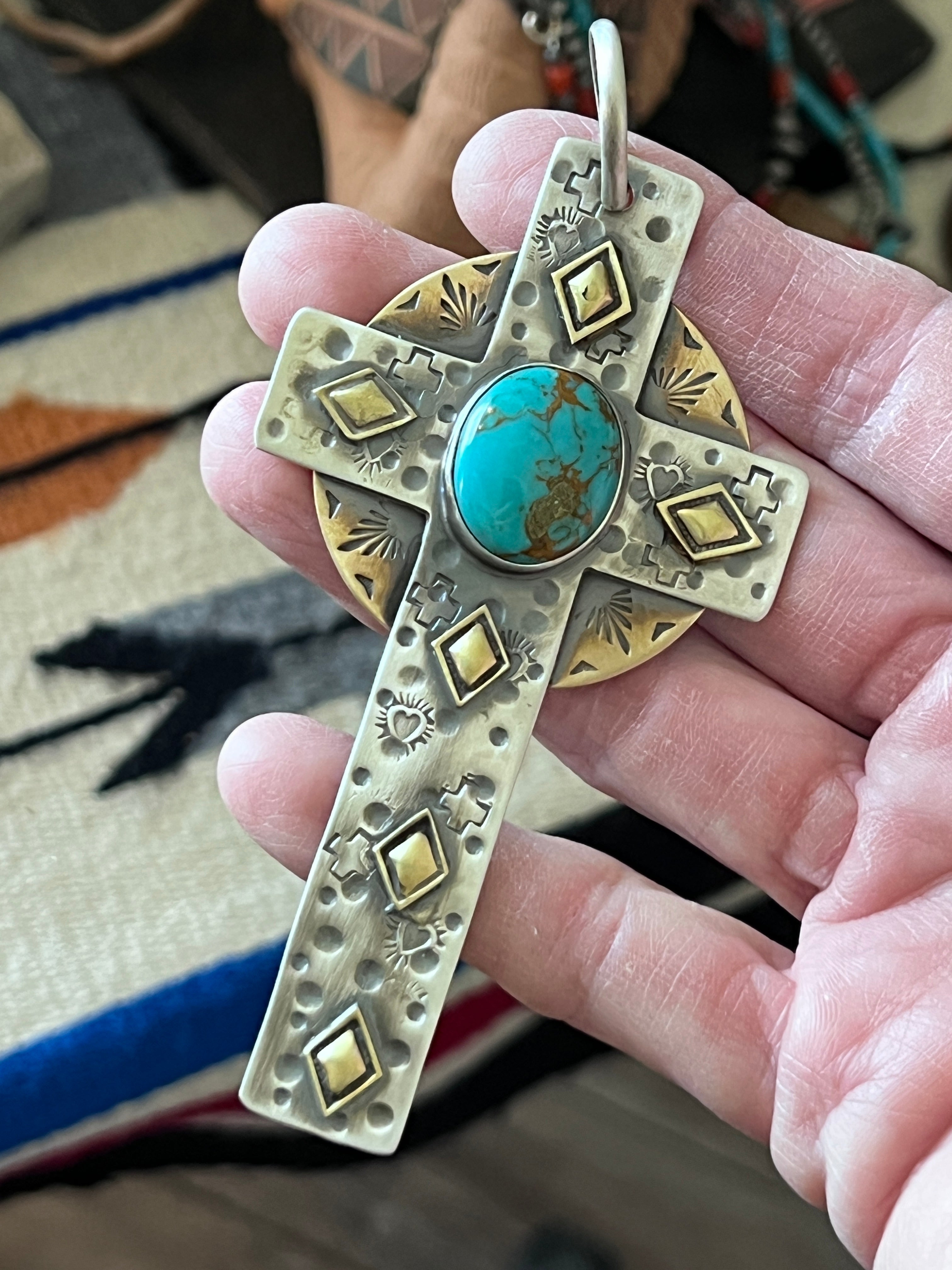Hand Stamped Sterling Silver, Brass & Royston Turquoise Cross Pendant by Kimari Somers